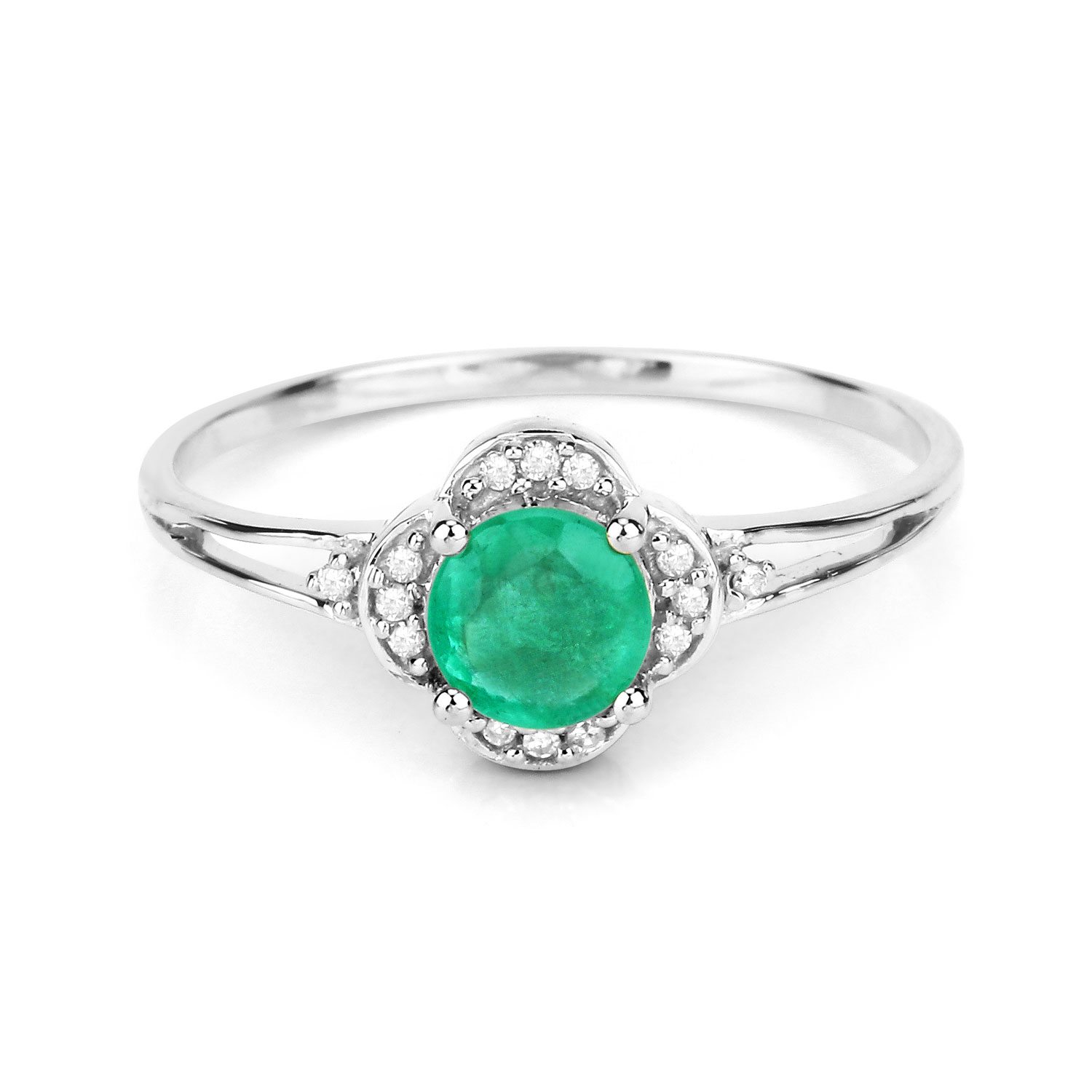 0.46 Carat Genuine Zambian Emerald and White Diamond 14K White Gold Ring