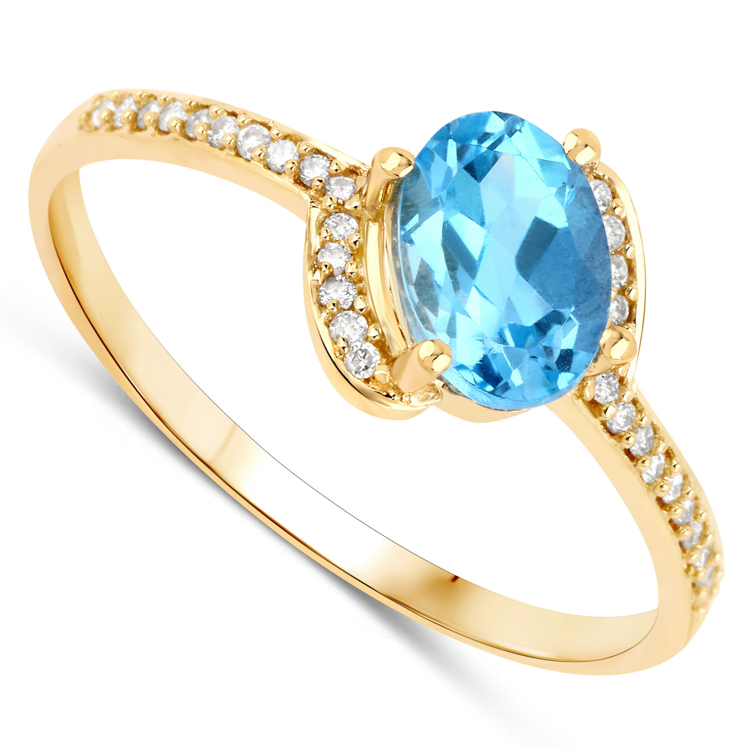 1.03 Carat Genuine Swiss Blue Topaz and White Diamond 14K Yellow Gold Ring