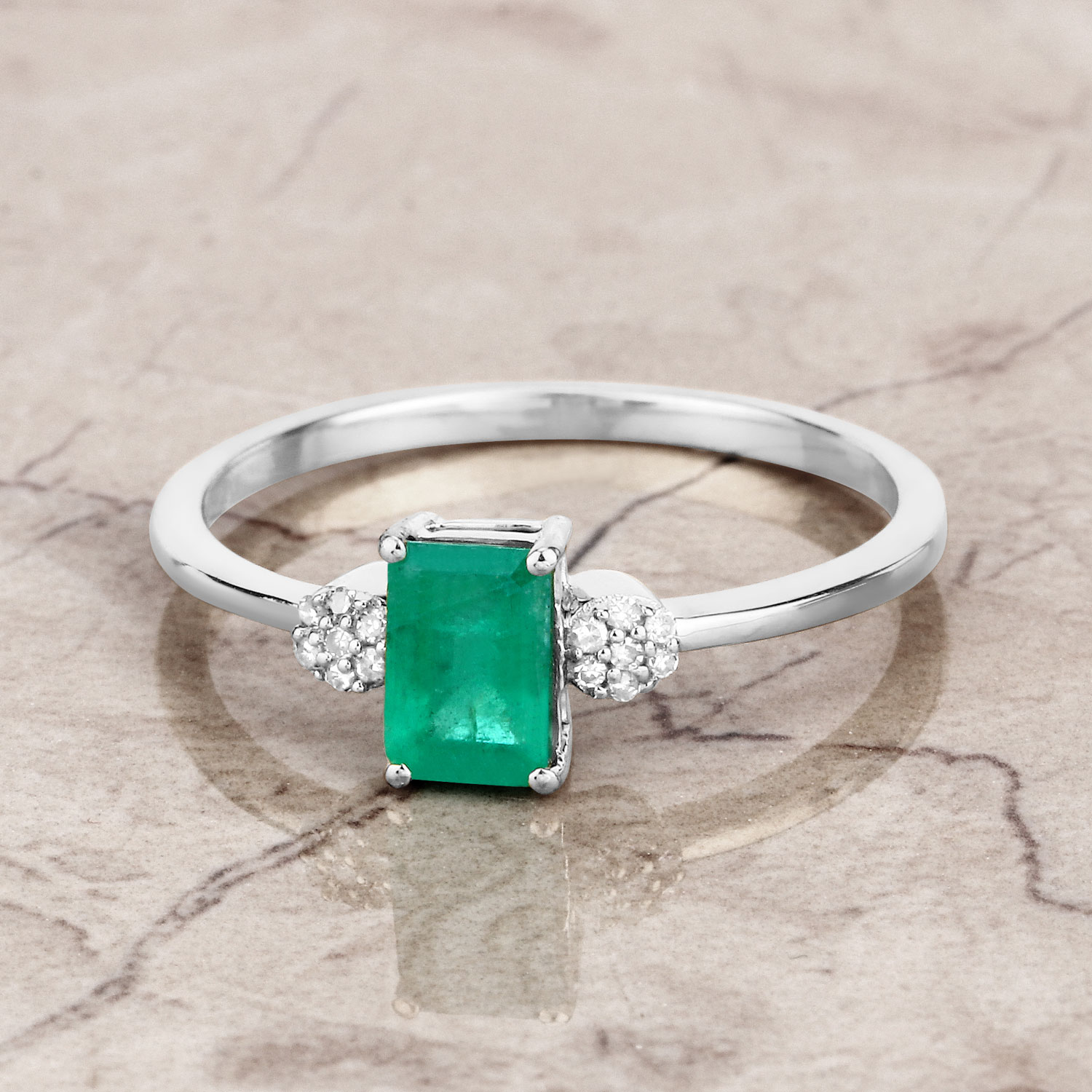 0.59 Carat Genuine Zambian Emerald and White Diamond 14K White Gold Ring