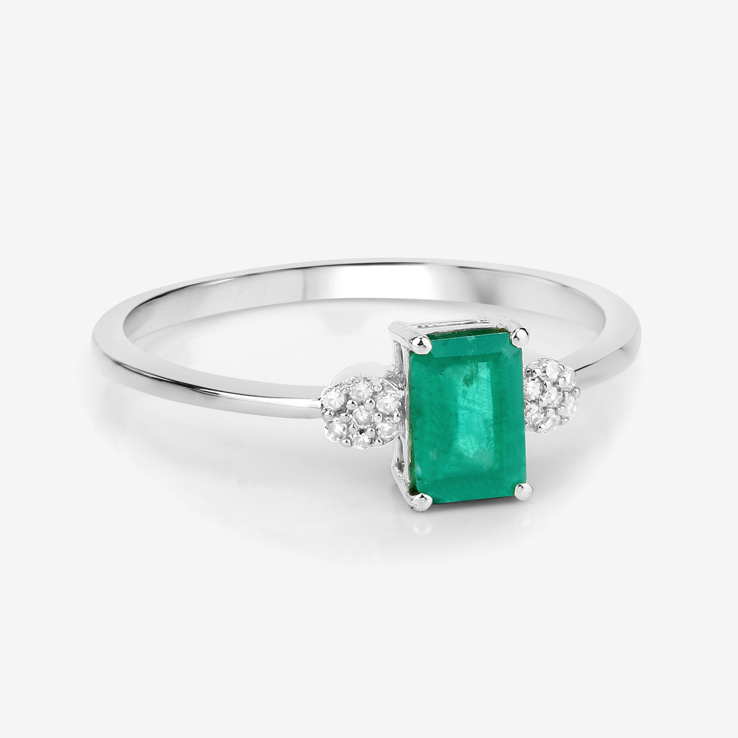 0.59 Carat Genuine Zambian Emerald and White Diamond 14K White Gold Ring