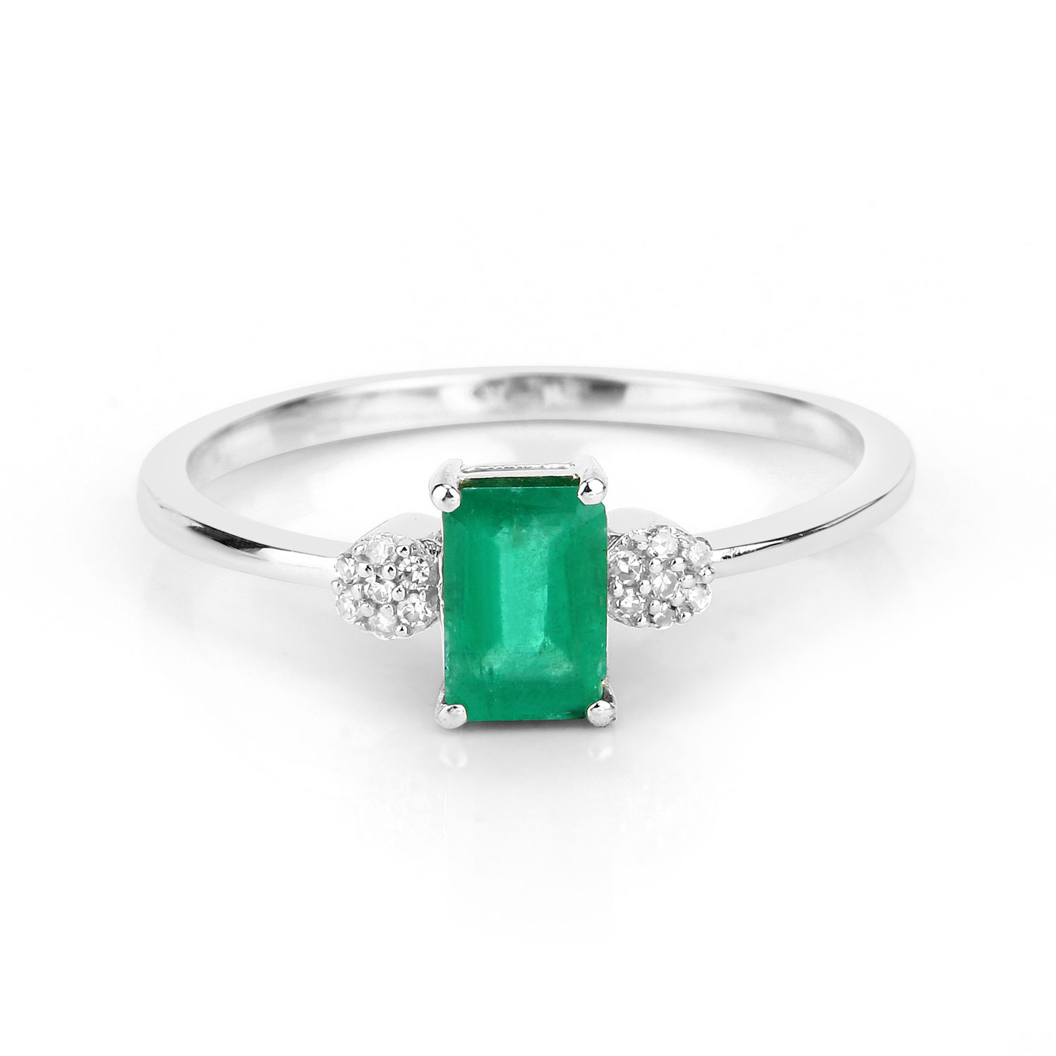 0.59 Carat Genuine Zambian Emerald and White Diamond 14K White Gold Ring
