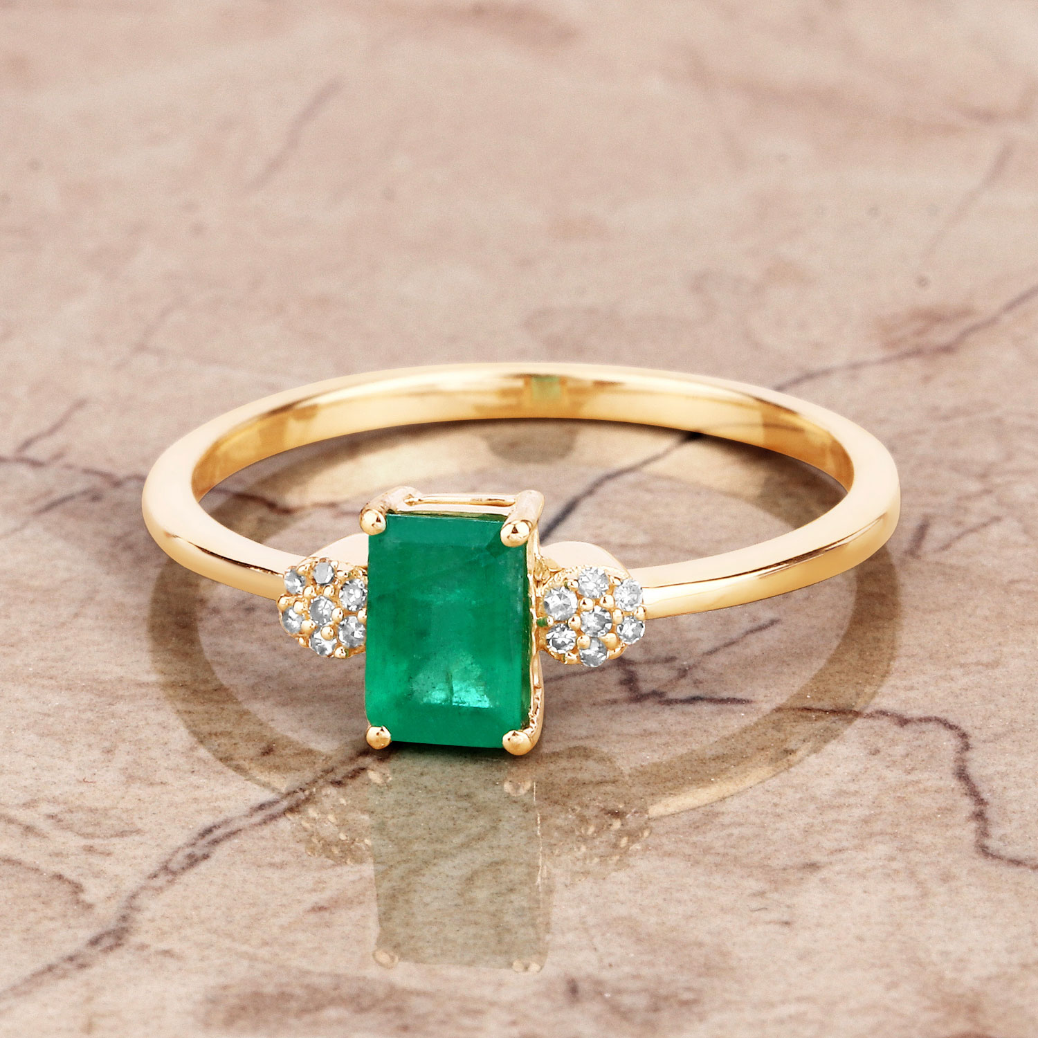 0.59 Carat Genuine Zambian Emerald and White Diamond 14K Yellow Gold Ring