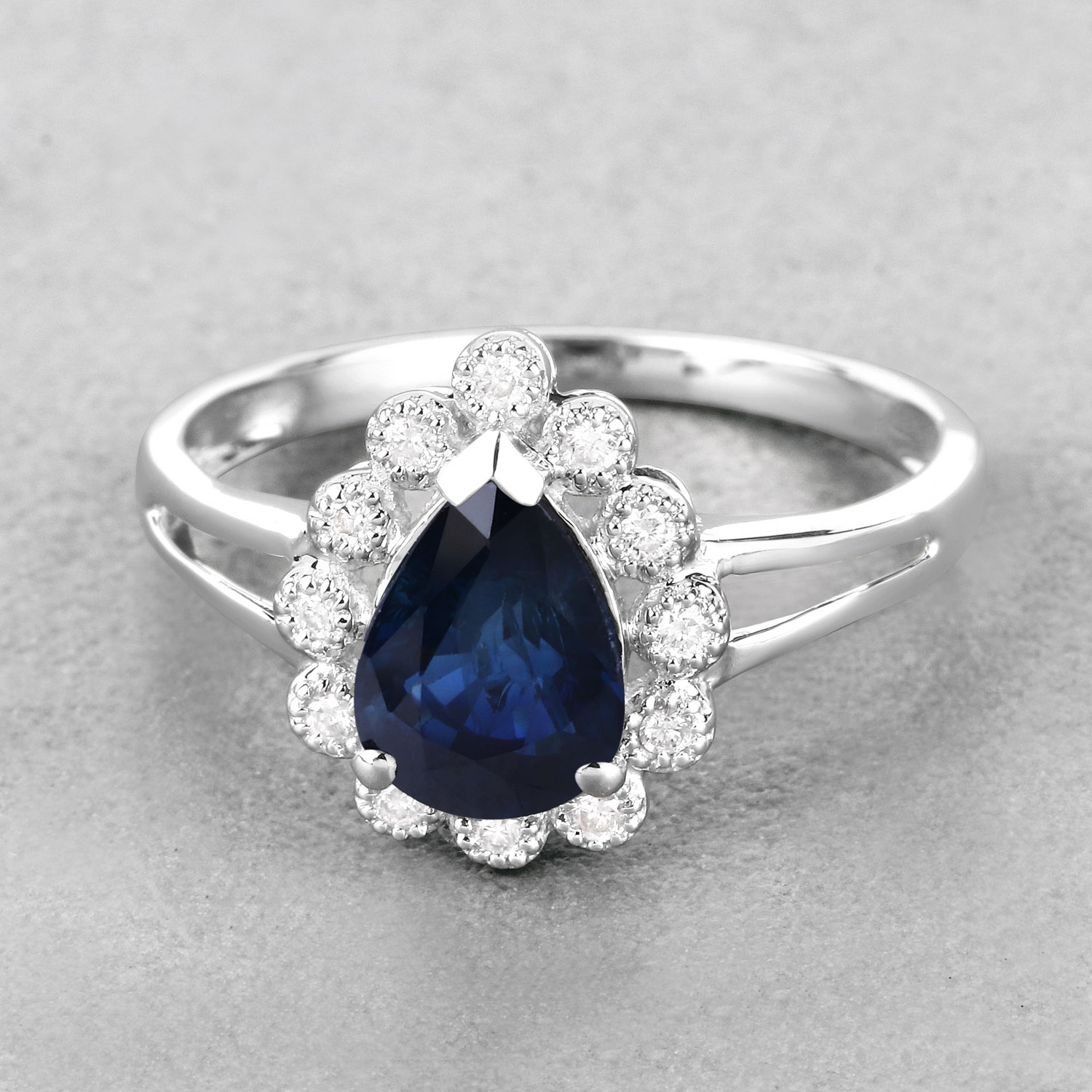 1.46 Carat Genuine Blue Sapphire and White Diamond 14K White Gold Ring