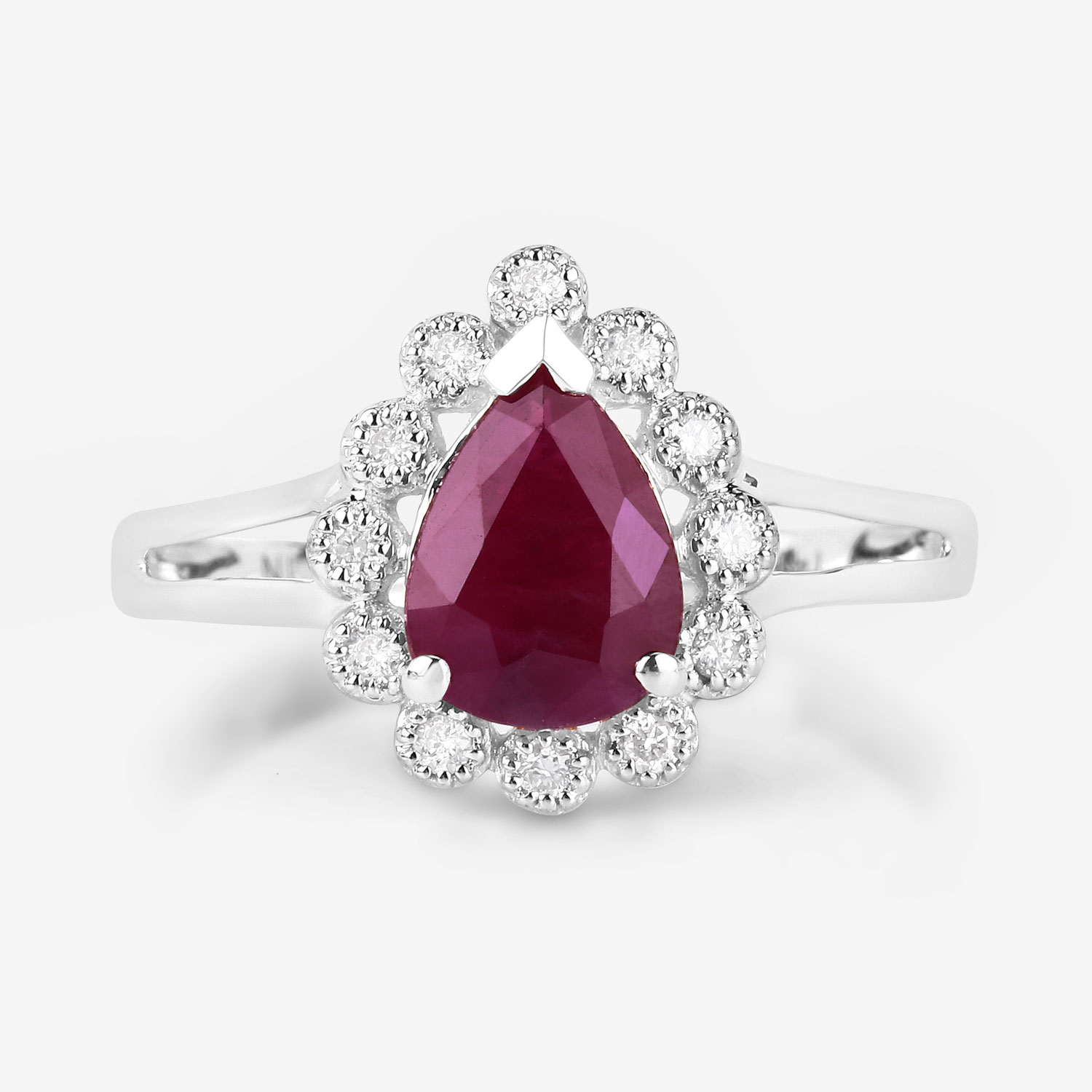 1.31 Carat Genuine Ruby and White Diamond 14K White Gold Ring