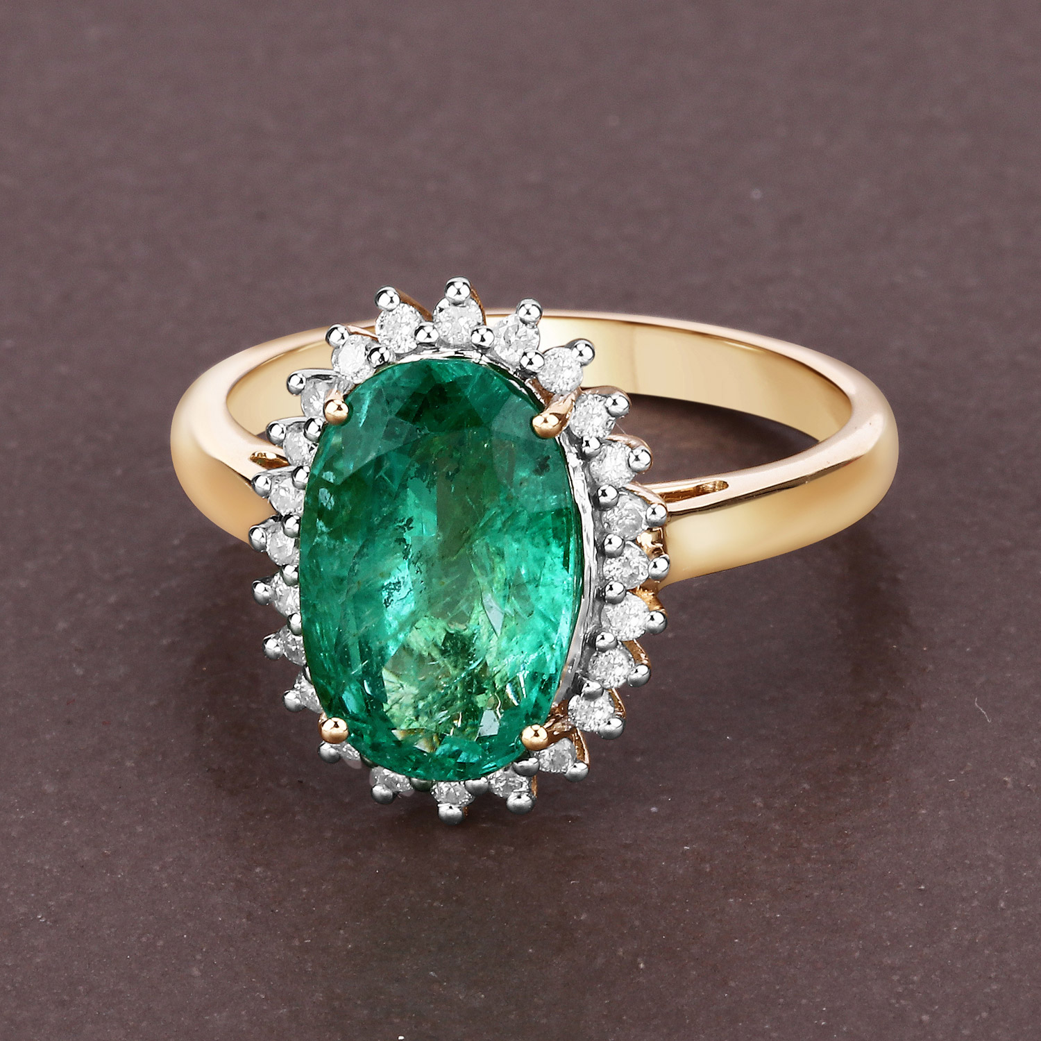 3.72 Carat Genuine Zambian Emerald and White Diamond 14K Yellow Gold Ring
