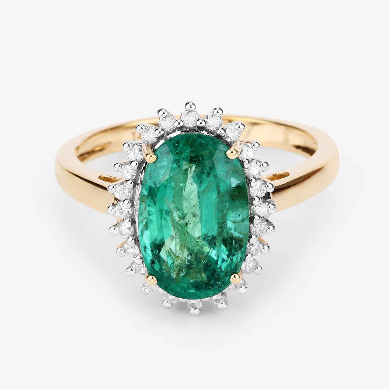 3.72 Carat Genuine Zambian Emerald and White Diamond 14K Yellow Gold Ring