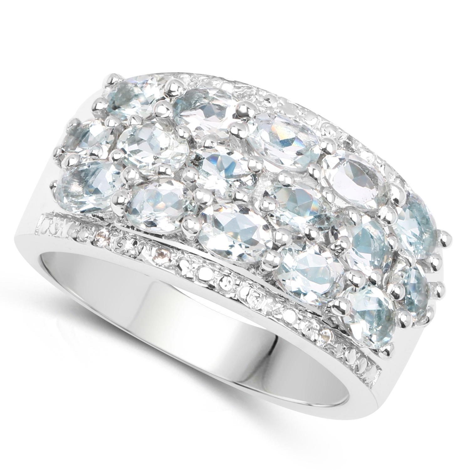 2.44 Carat Genuine Aquamarine & White Topaz .925 Sterling Silver Ring