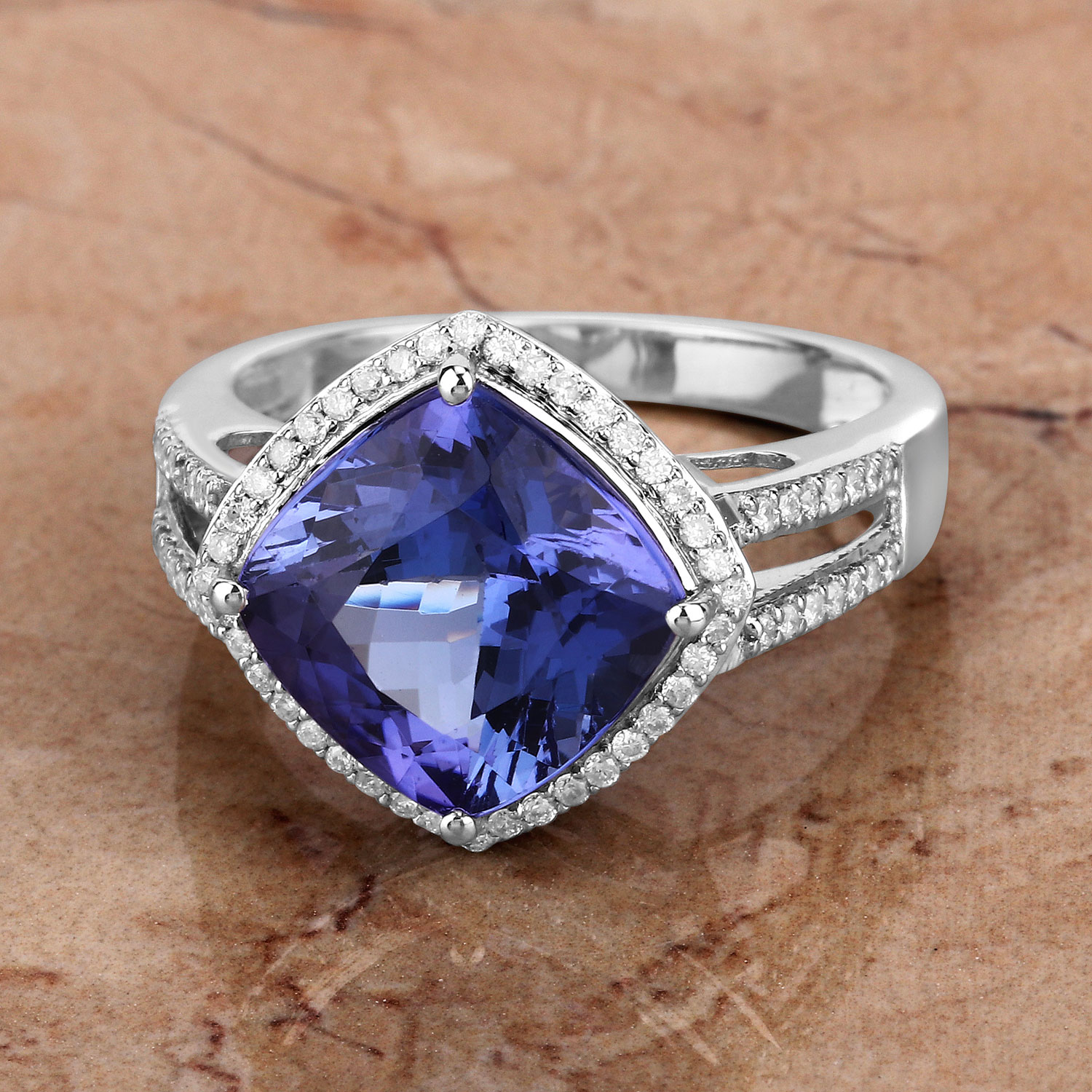 5.21 Carat Genuine Tanzanite and White Diamond 14K White Gold Ring