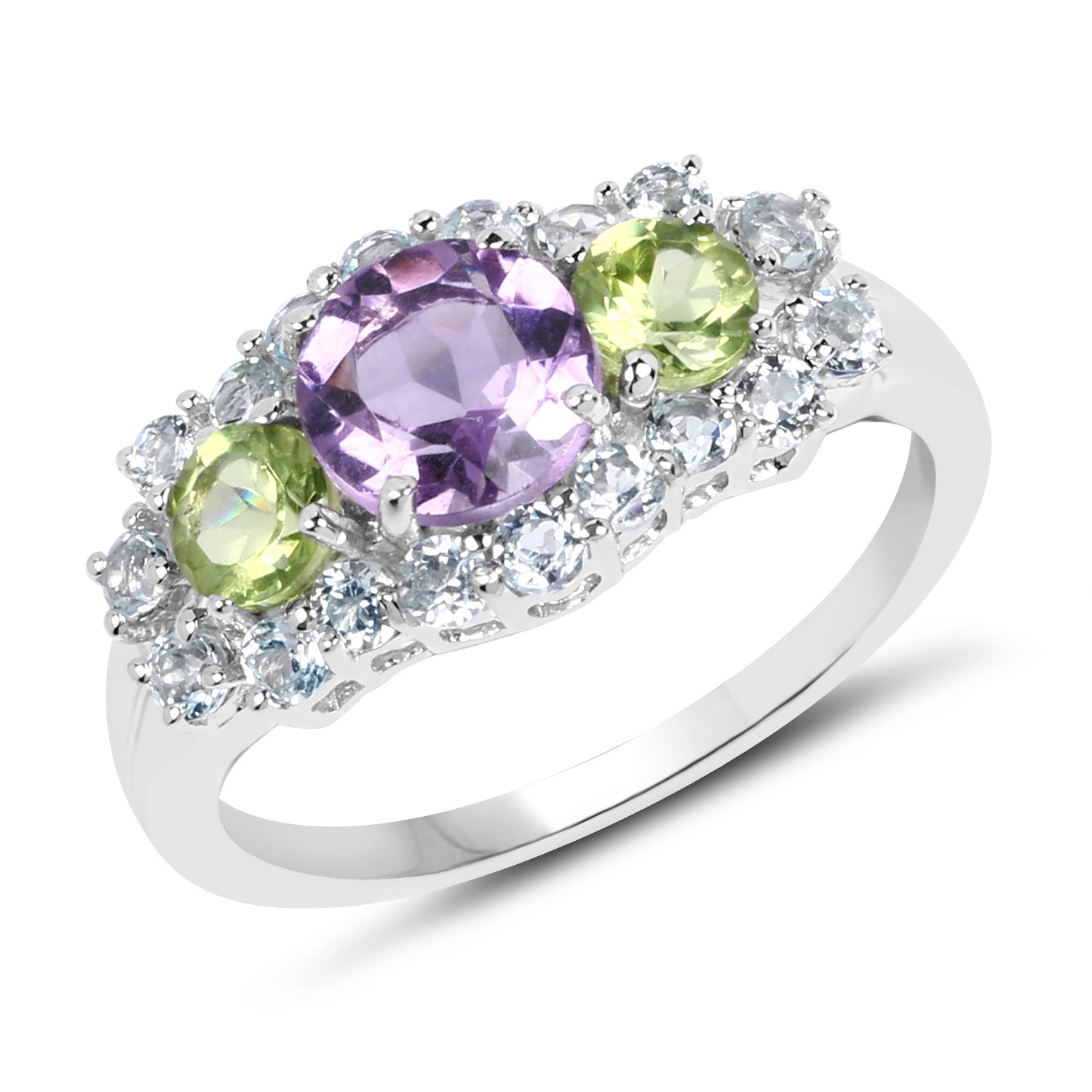 2.53 Carat Genuine Amethyst, Peridot and Blue Topaz .925 Sterling Silver Ring