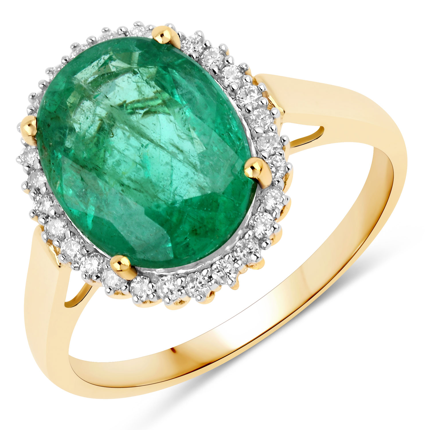 3.77 Carat Genuine Zambian Emerald and White Diamond 14K Yellow Gold Ring
