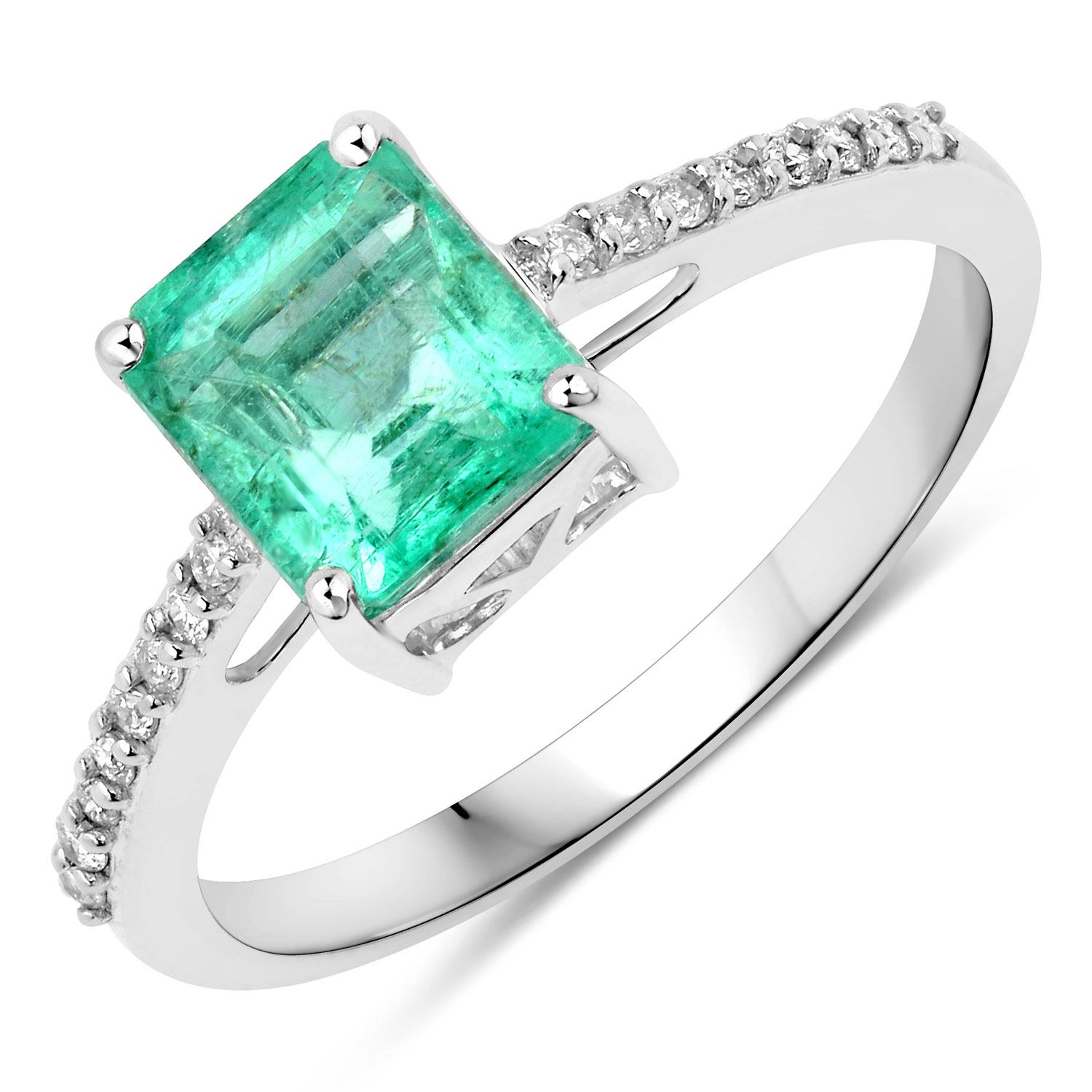 1.74 Carat Genuine Colombian Emerald and White Diamond 14K White Gold Ring