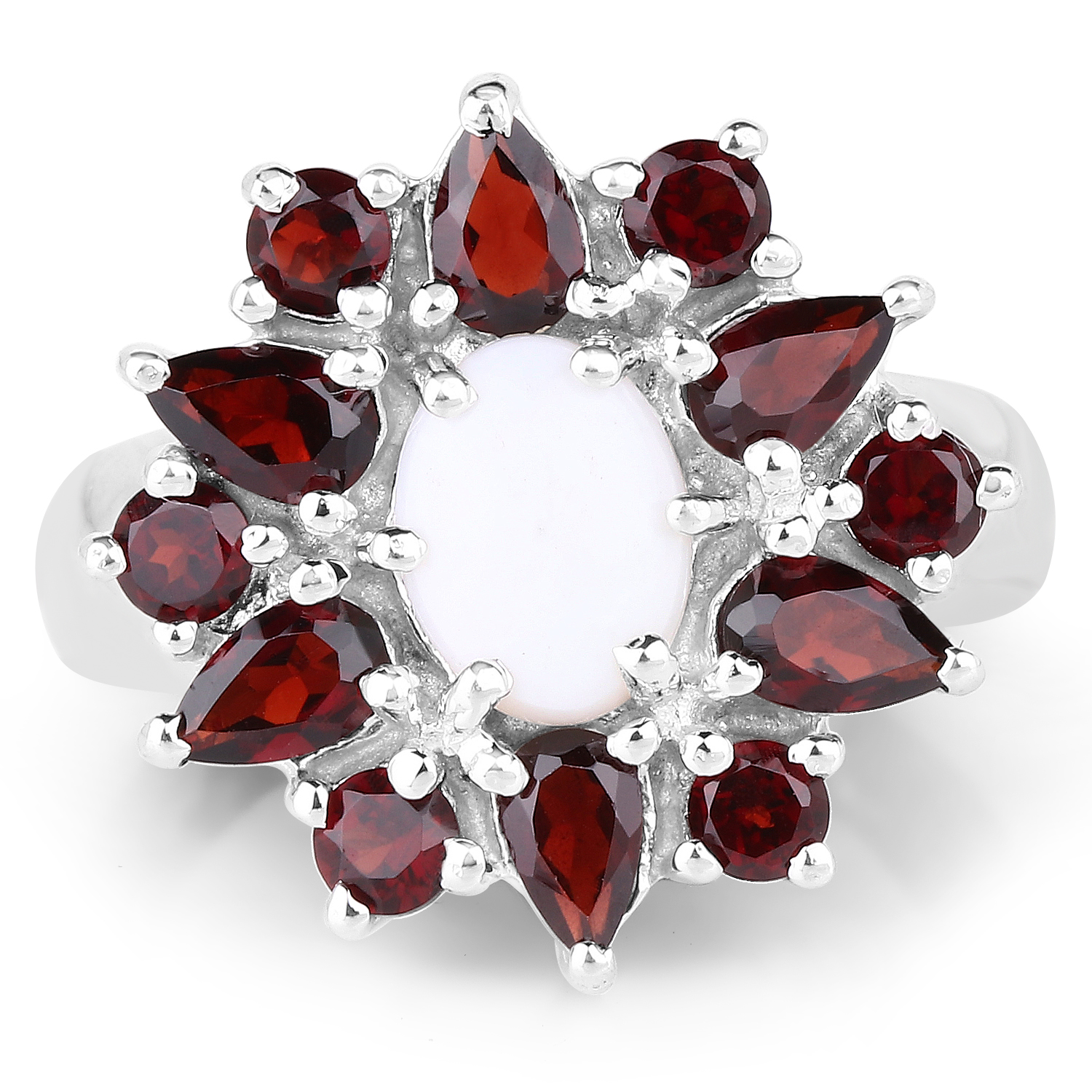 3.02 Carat Genuine Opal and Garnet .925 Sterling Silver Ring
