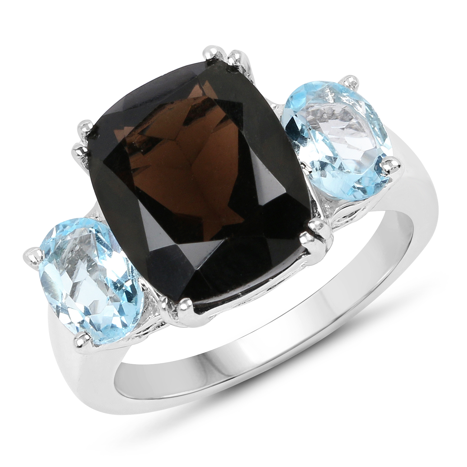 6.60 Carat Genuine Smoky Quartz and Blue Topaz .925 Sterling Silver Ring
