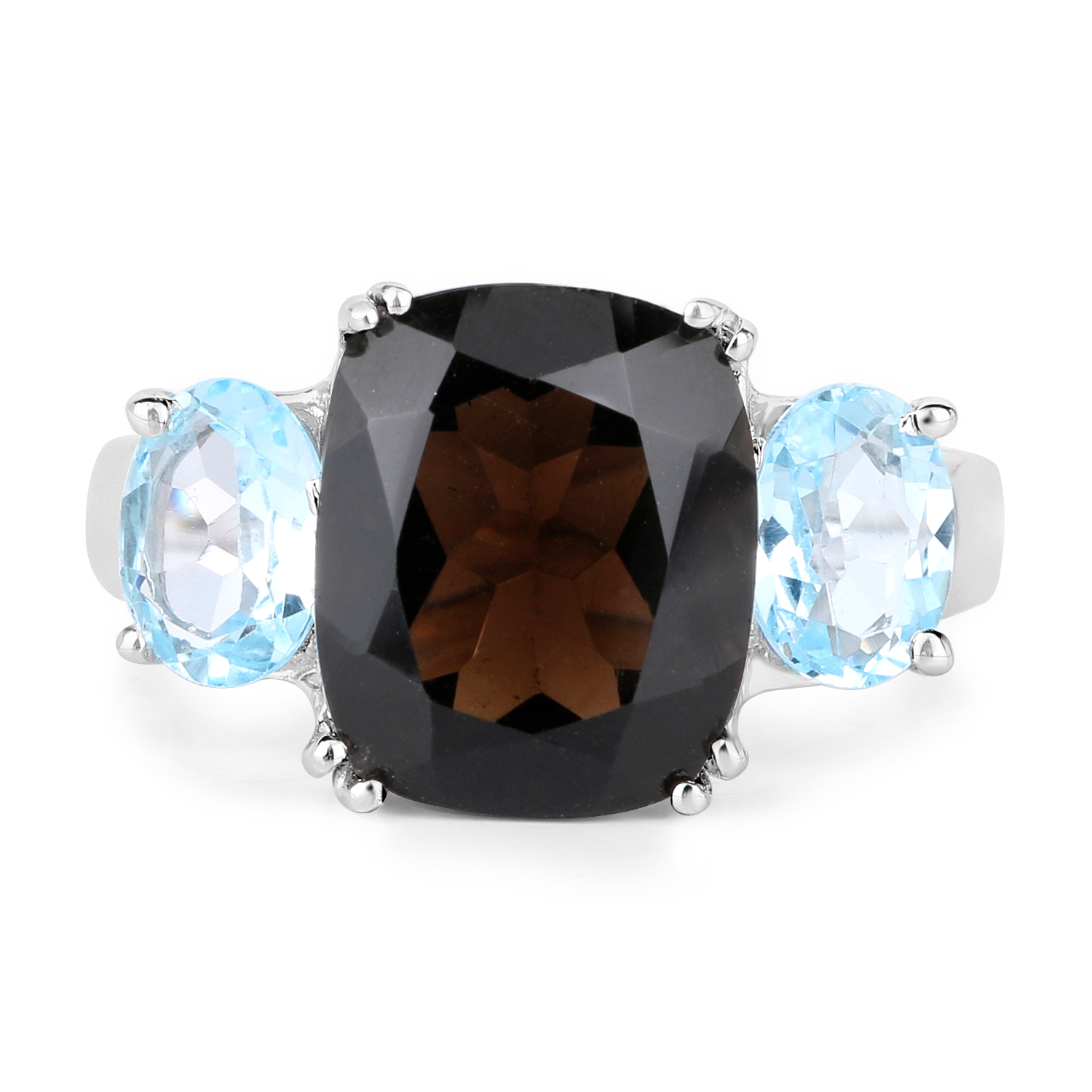 6.60 Carat Genuine Smoky Quartz and Blue Topaz .925 Sterling Silver Ring