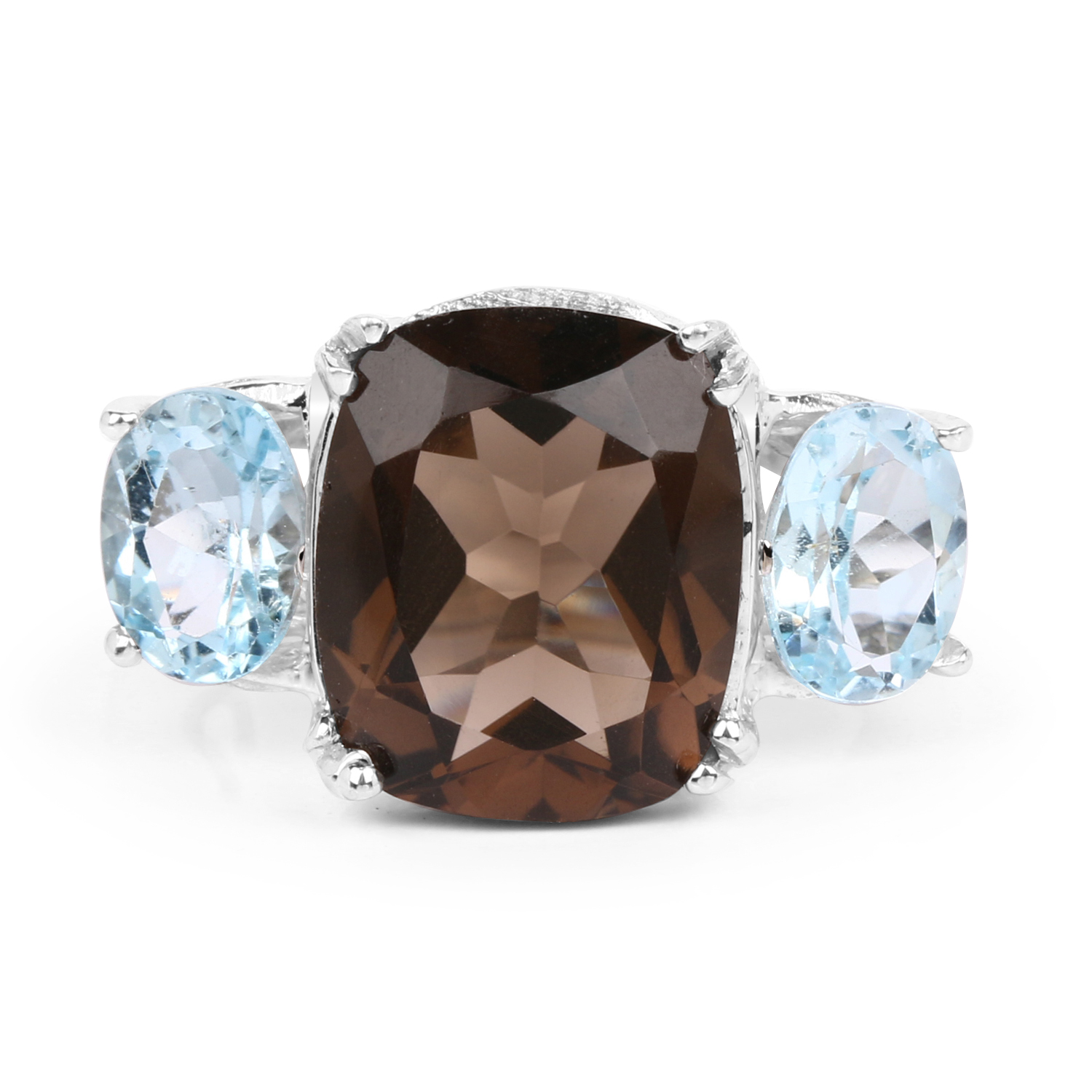6.60 Carat Genuine Smoky Quartz and Blue Topaz .925 Sterling Silver Ring