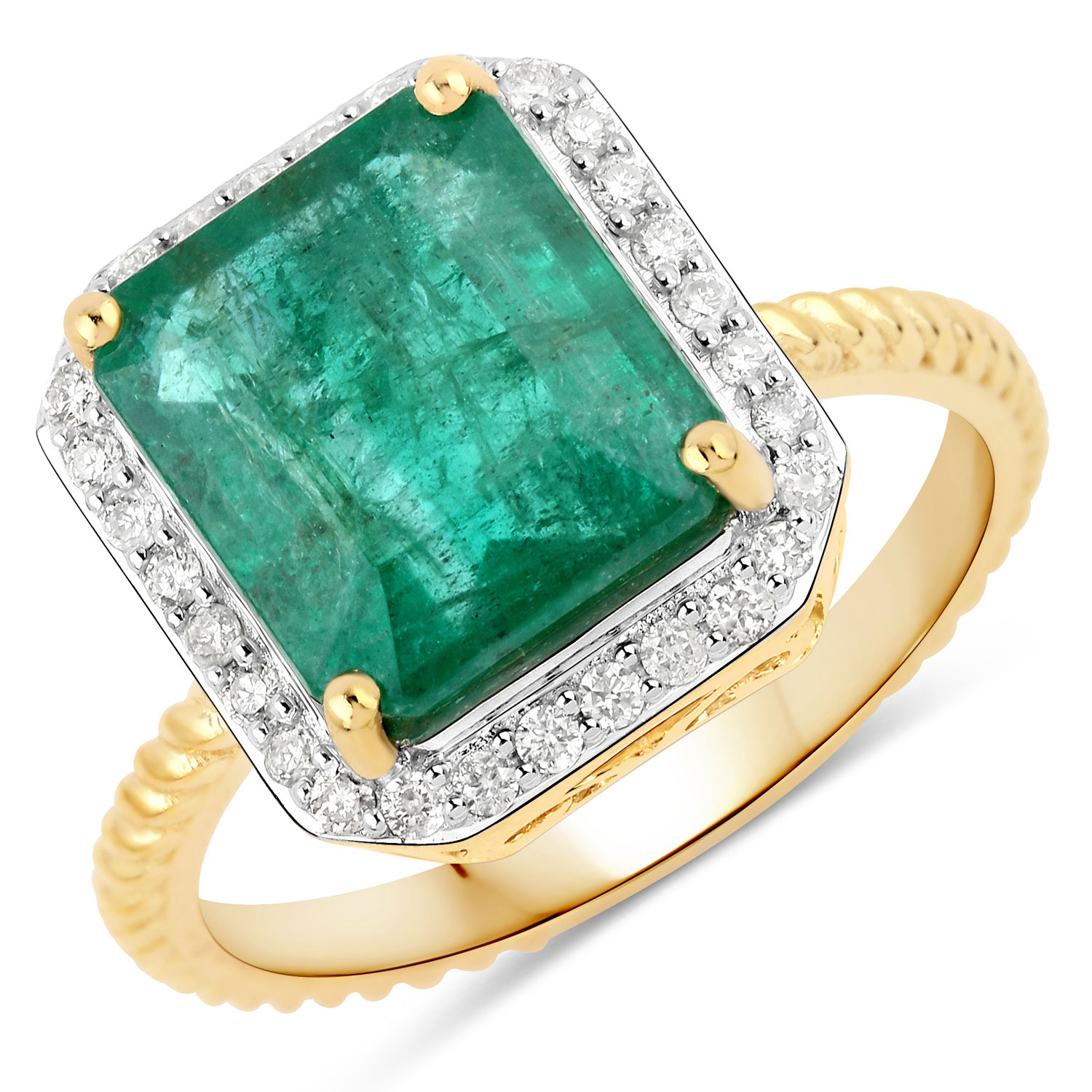 4.85 Carat Genuine Zambian Emerald and White Diamond 14K Yellow Gold Ring
