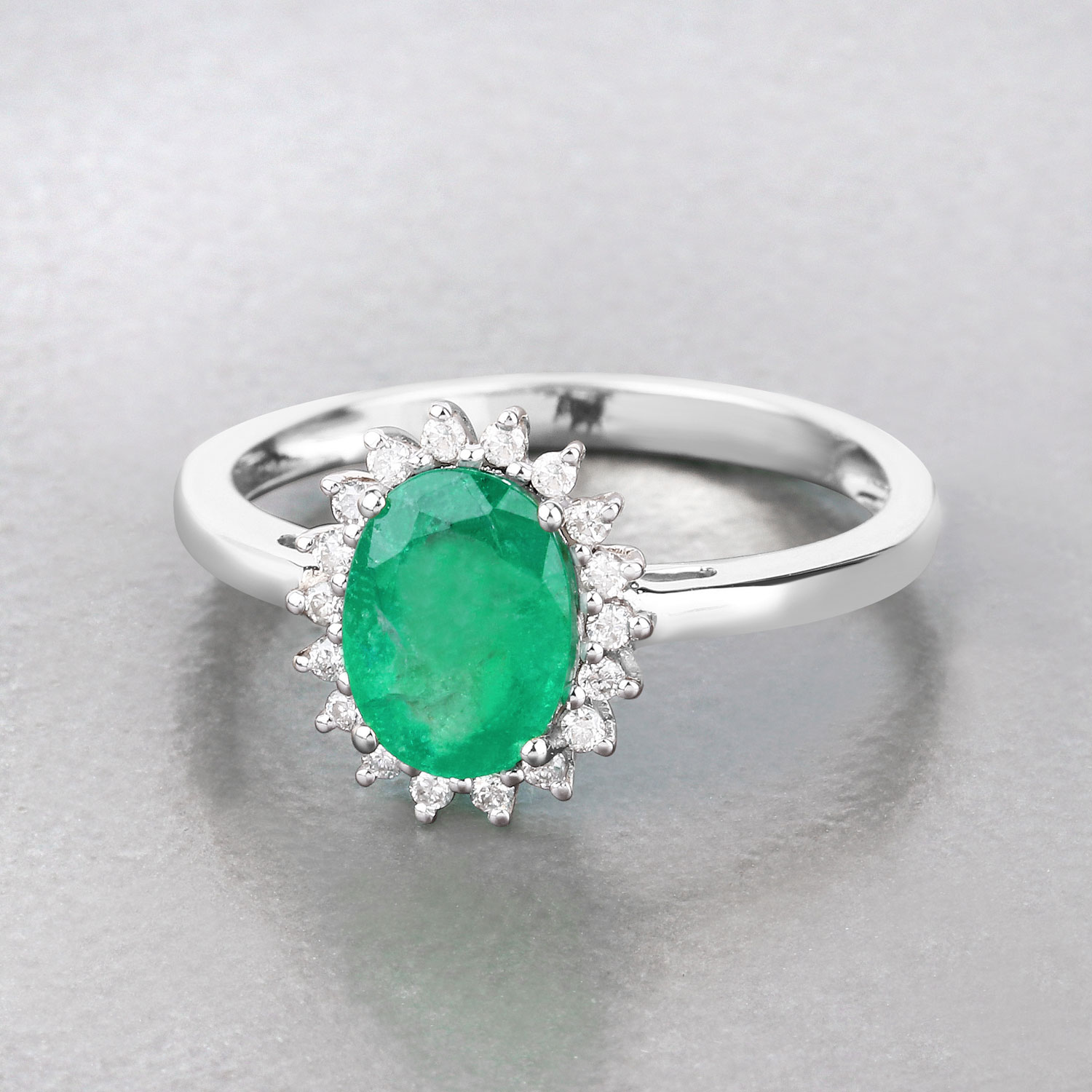 1.34 Carat Genuine Zambian Emerald and White Diamond 10K White Gold Ring