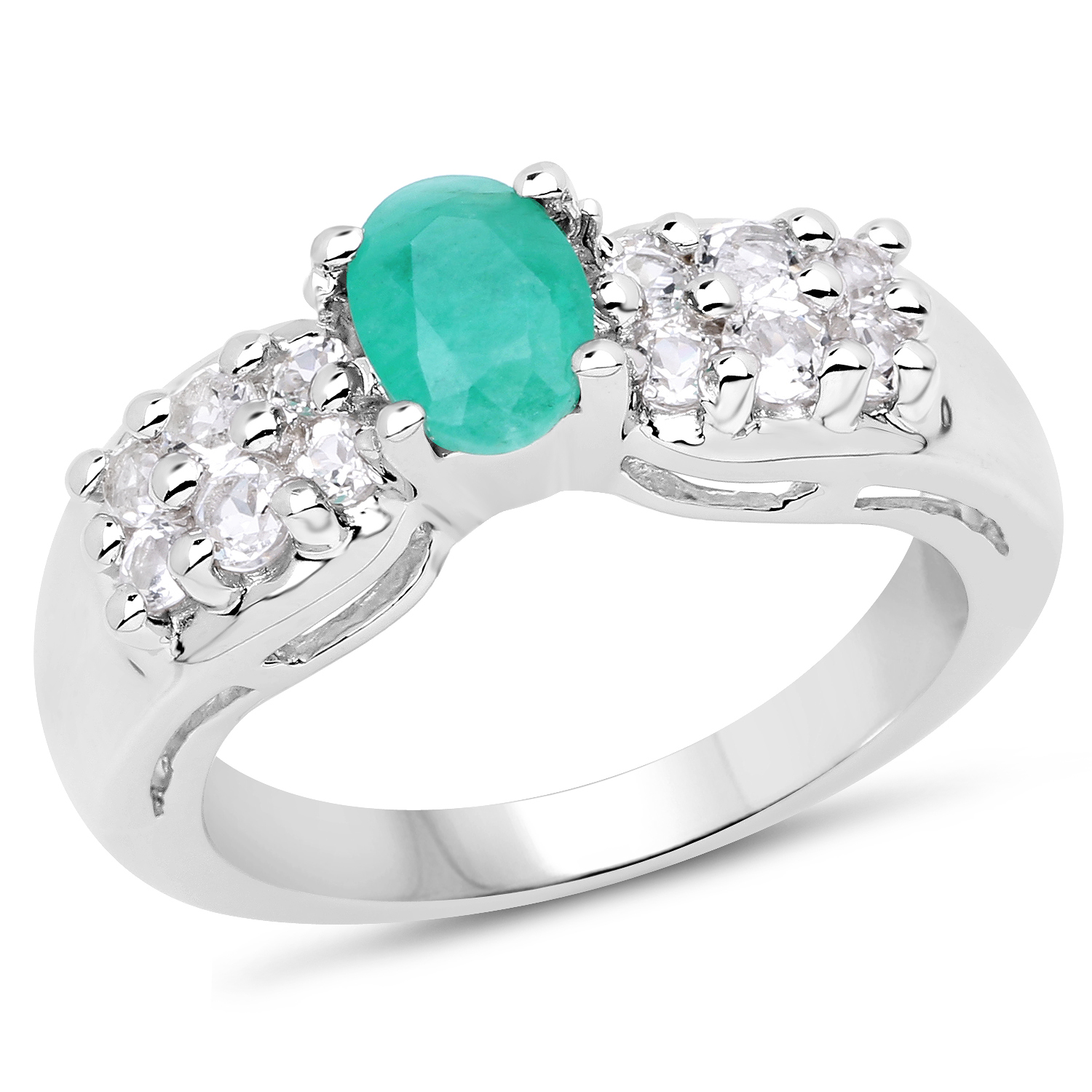 1.45 Carat Genuine Emerald & White Topaz .925 Sterling Silver Ring