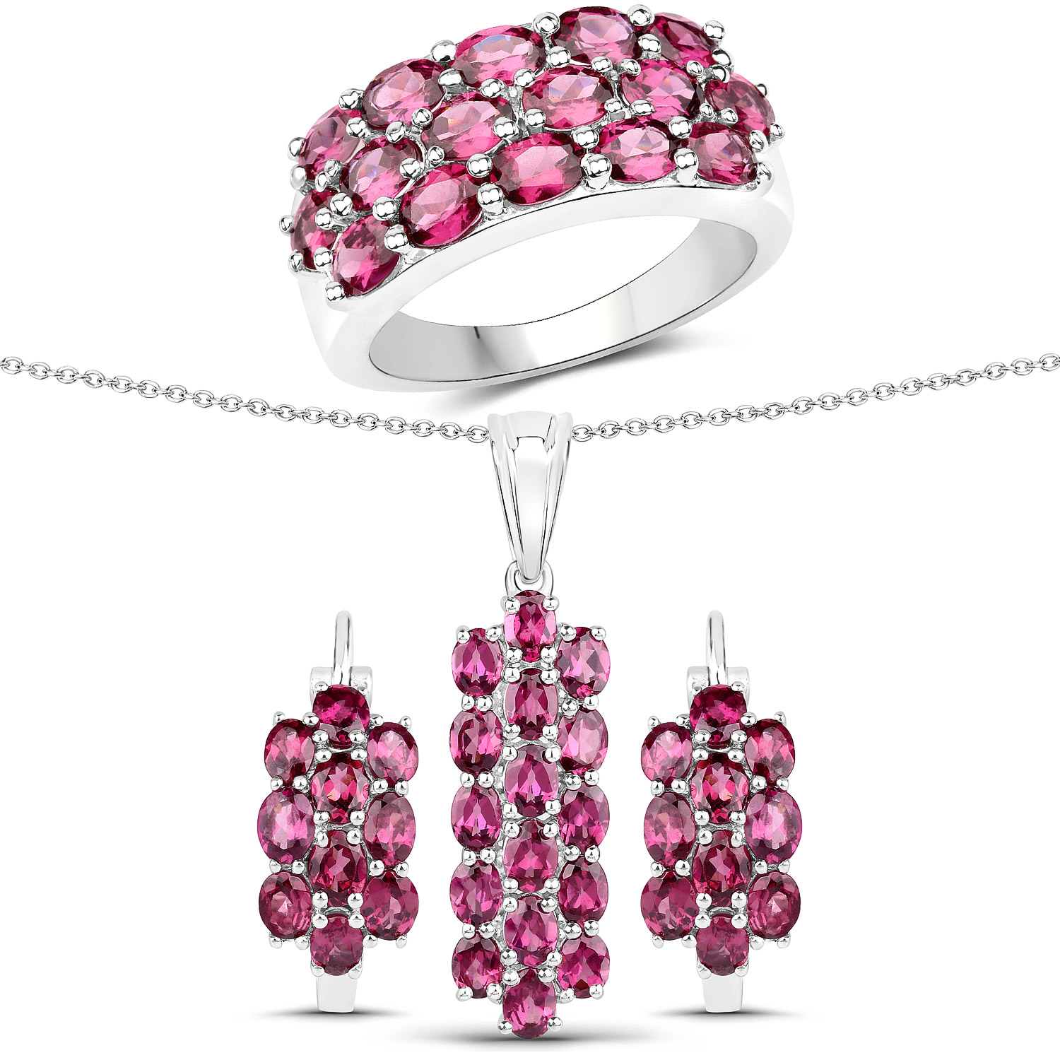 10.92 Carat Genuine Rhodolite Garnet .925 Sterling Silver 3 Piece Jewelry Set (Ring, Earrings, and Pendant w/ Chain)