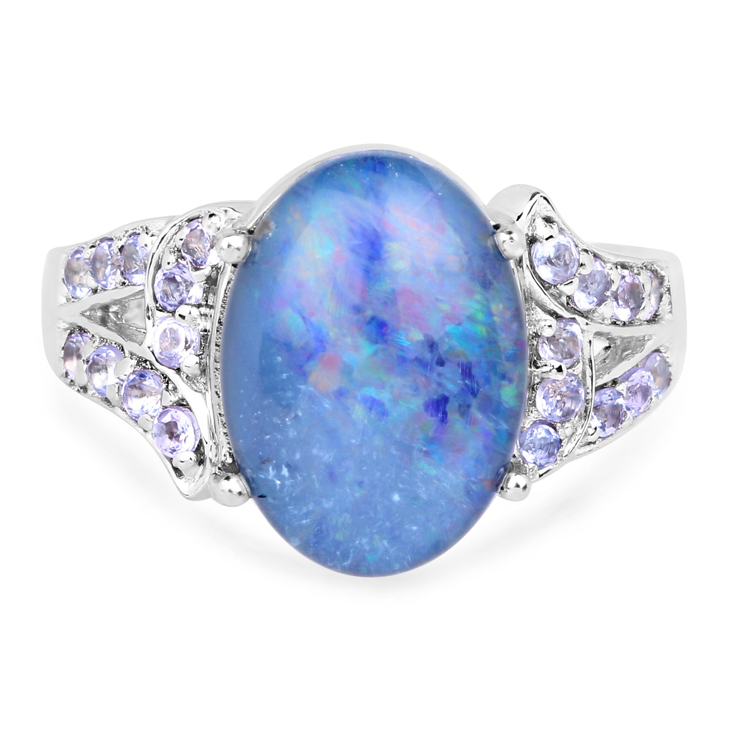 4.12 Carat Genuine Triplet Opal and Tanzanite .925 Sterling Silver Ring