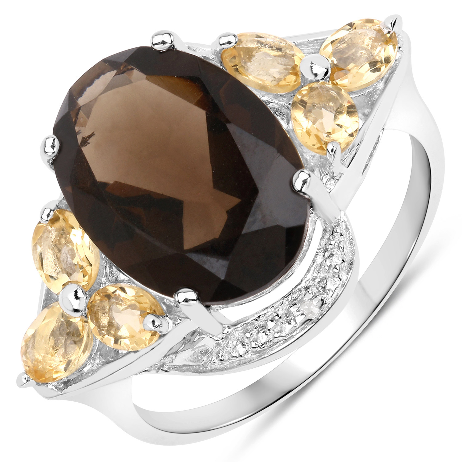 6.22 Carat Genuine Smoky Quartz, Citrine and White Diamond .925 Sterling Silver Ring