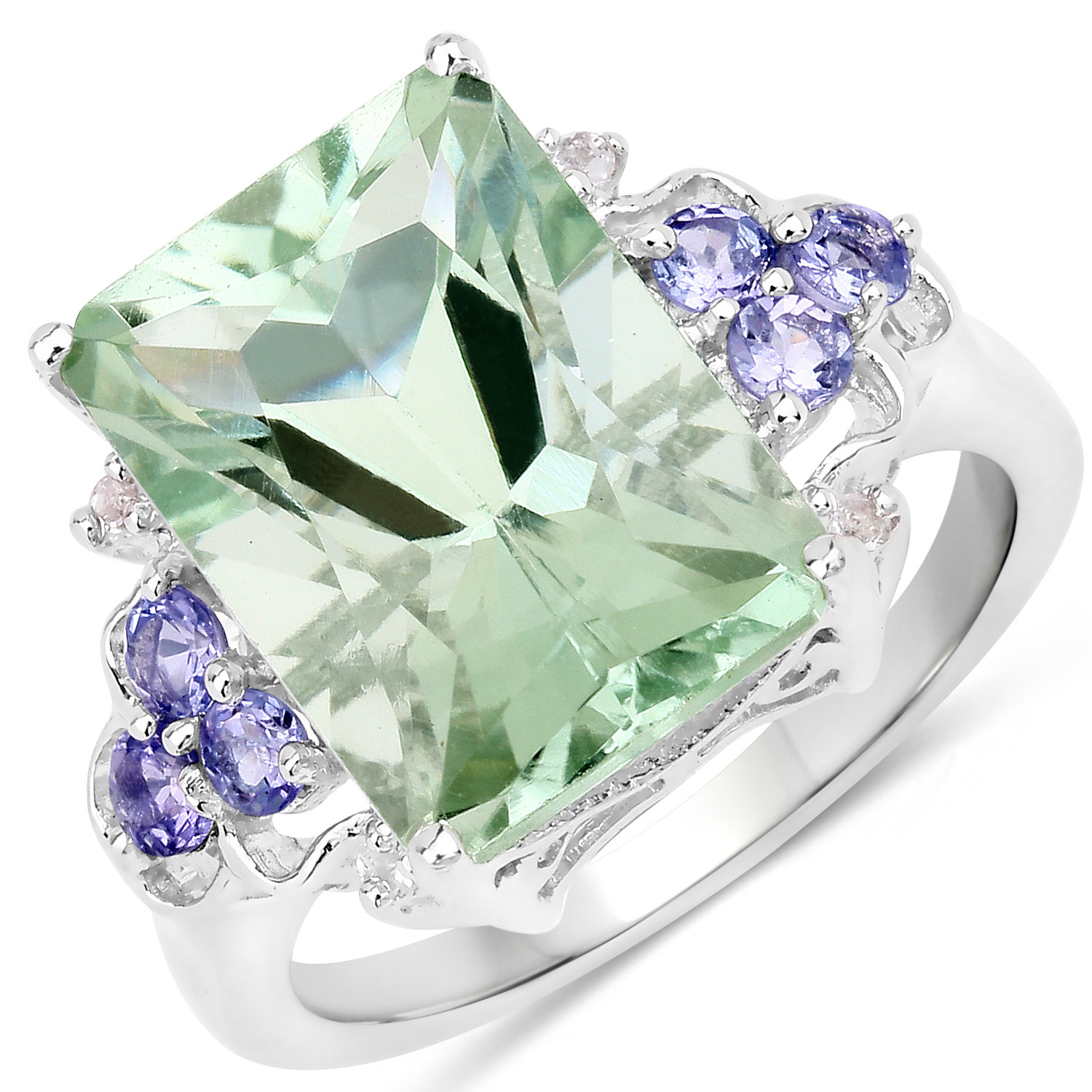 6.71 Carat Genuine Green Amethyst, Tanzanite and White Topaz .925 Sterling Silver Ring