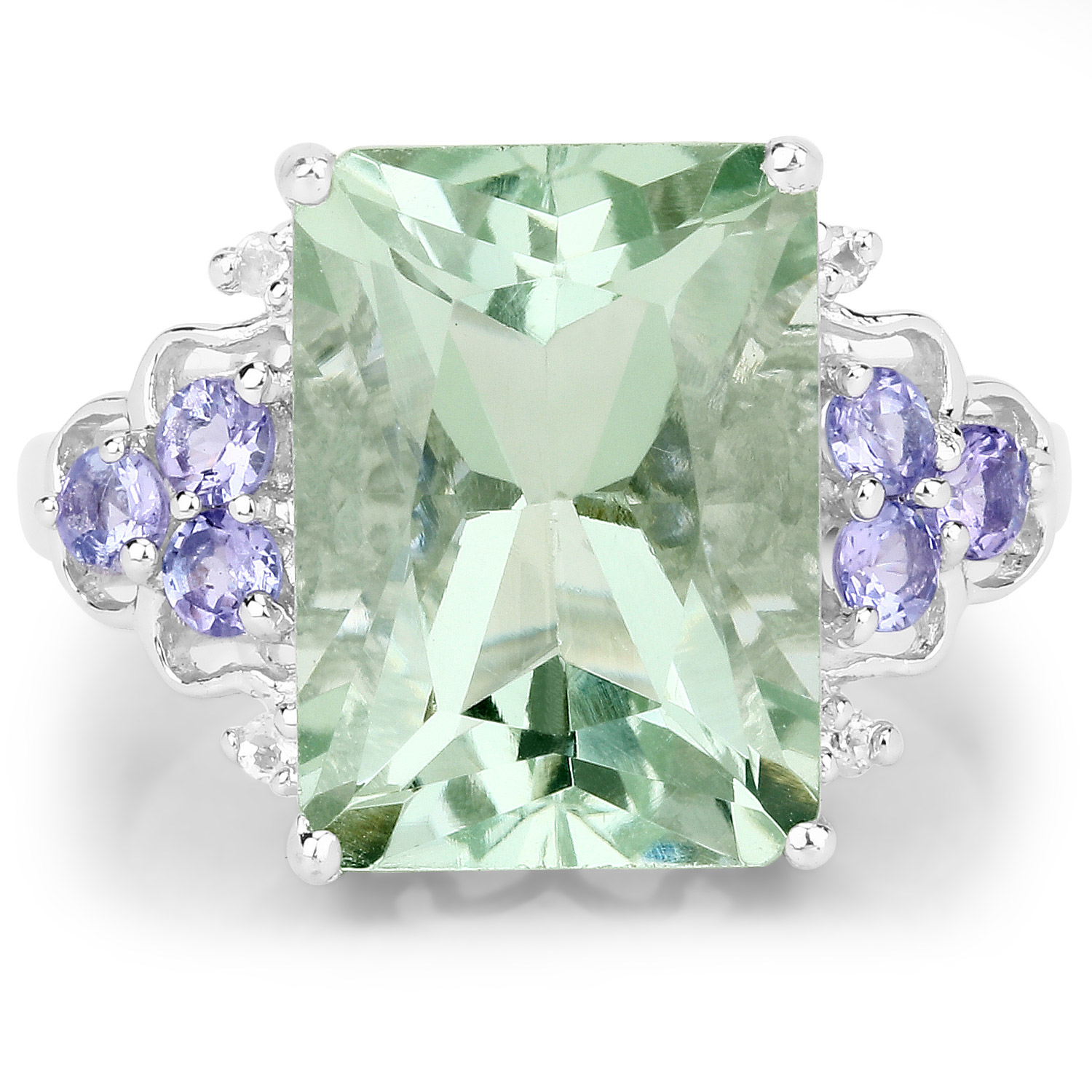 6.71 Carat Genuine Green Amethyst, Tanzanite and White Topaz .925 Sterling Silver Ring