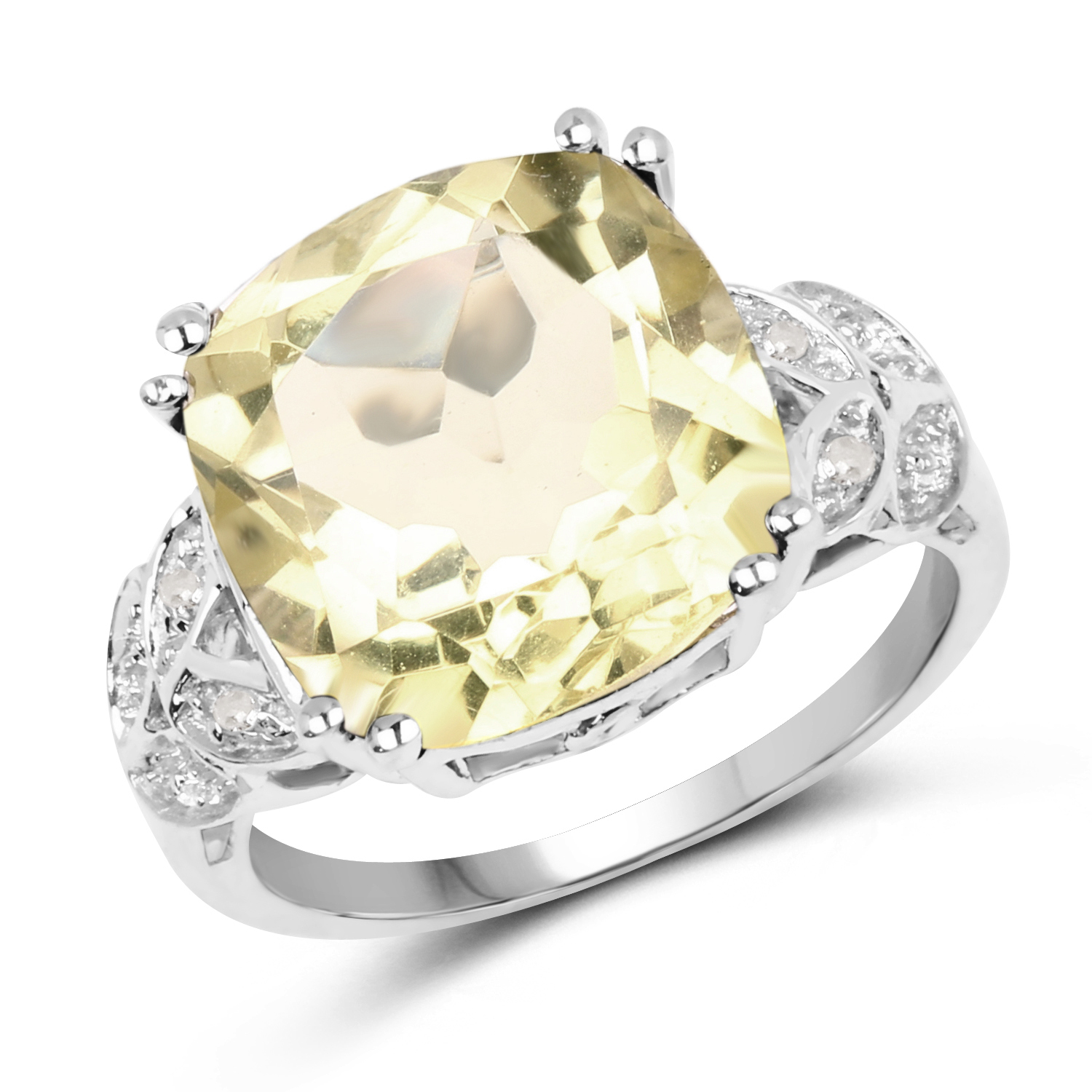 5.72 Carat Genuine Lemon Quartz & White Diamond .925 Sterling Silver Ring