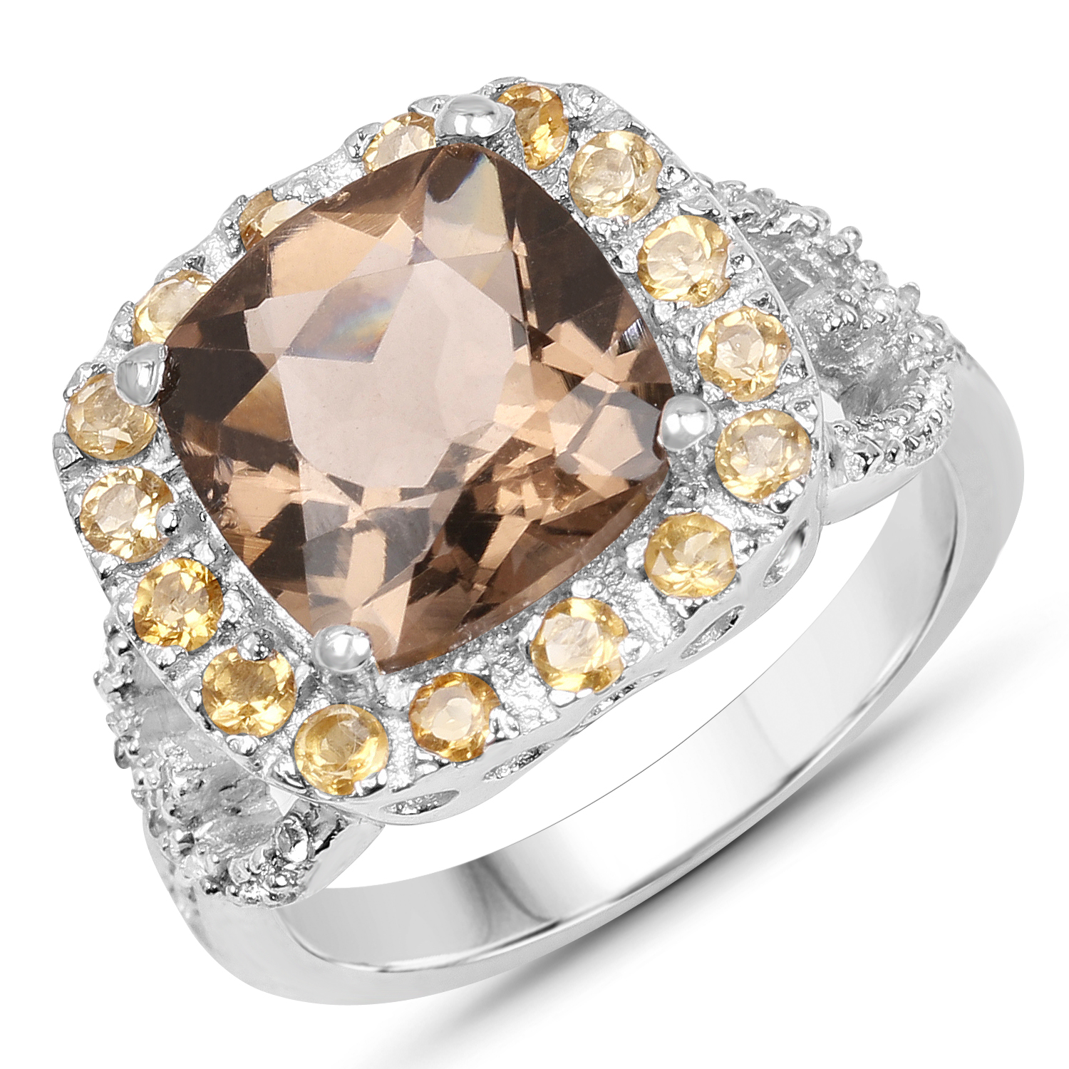 4.18 Carat Genuine Smoky Quartz, Citrine and White Topaz .925 Sterling Silver Ring