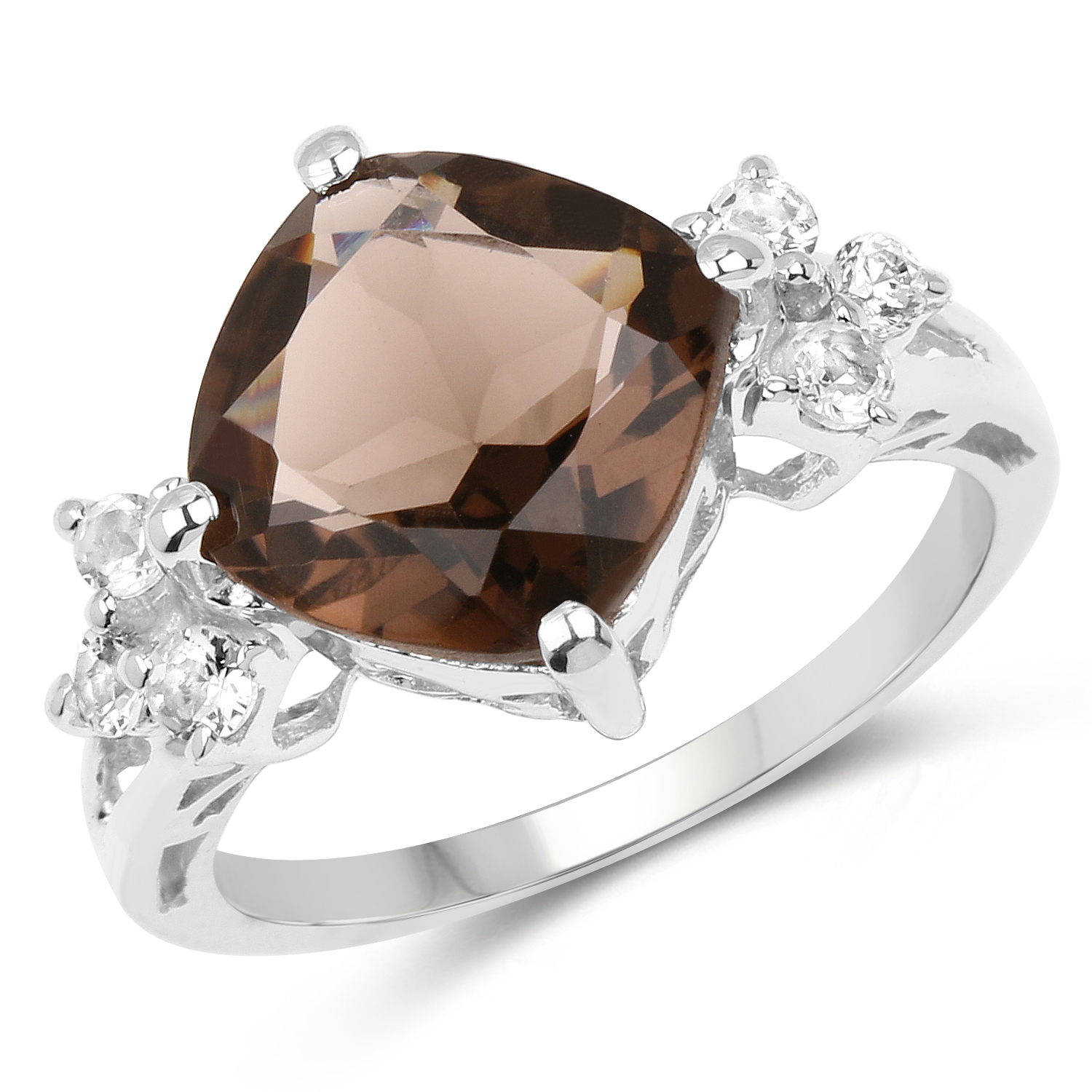 3.91 Carat Genuine Smoky Quartz and White Topaz .925 Sterling Silver Ring