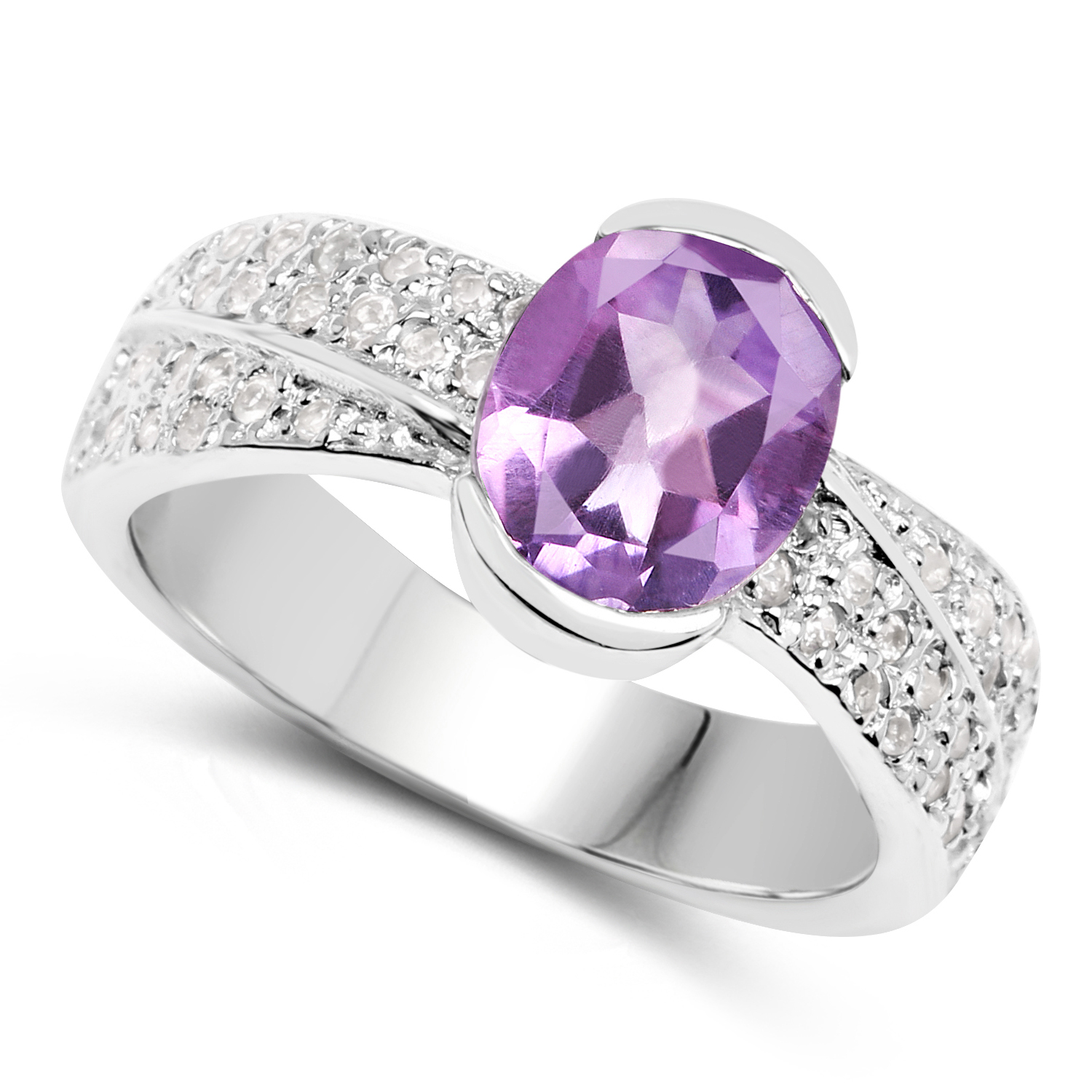 2.04 Carat Genuine Amethyst and White Topaz .925 Sterling Silver Ring