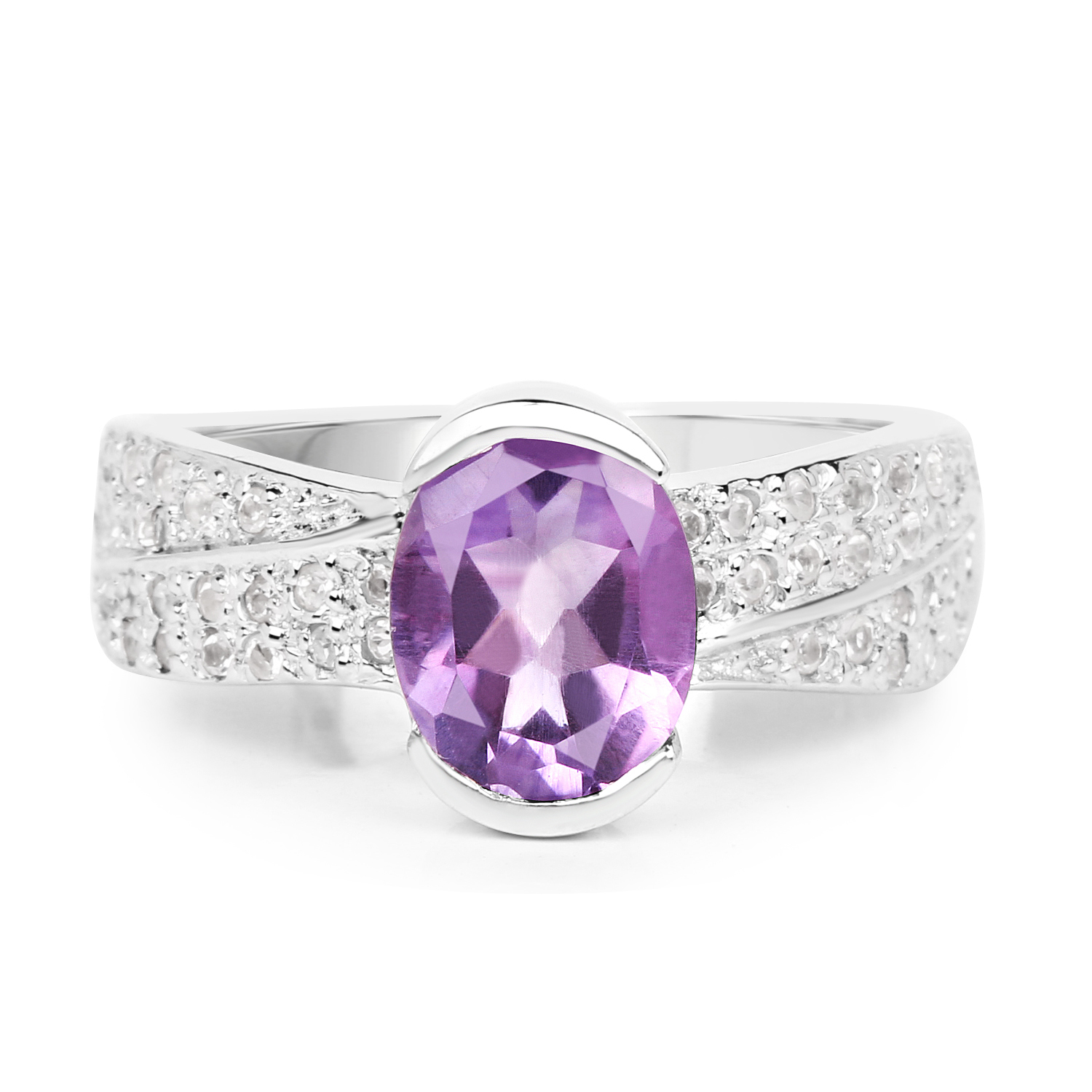 2.04 Carat Genuine Amethyst and White Topaz .925 Sterling Silver Ring