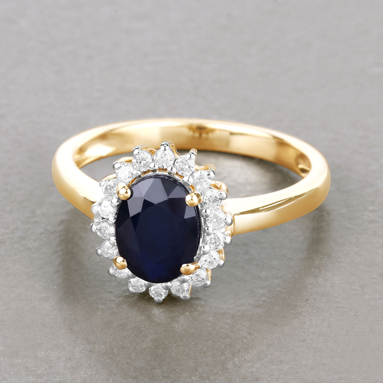 1.73 Carat Genuine Blue Sapphire and White Diamond 14K Yellow Gold Ring