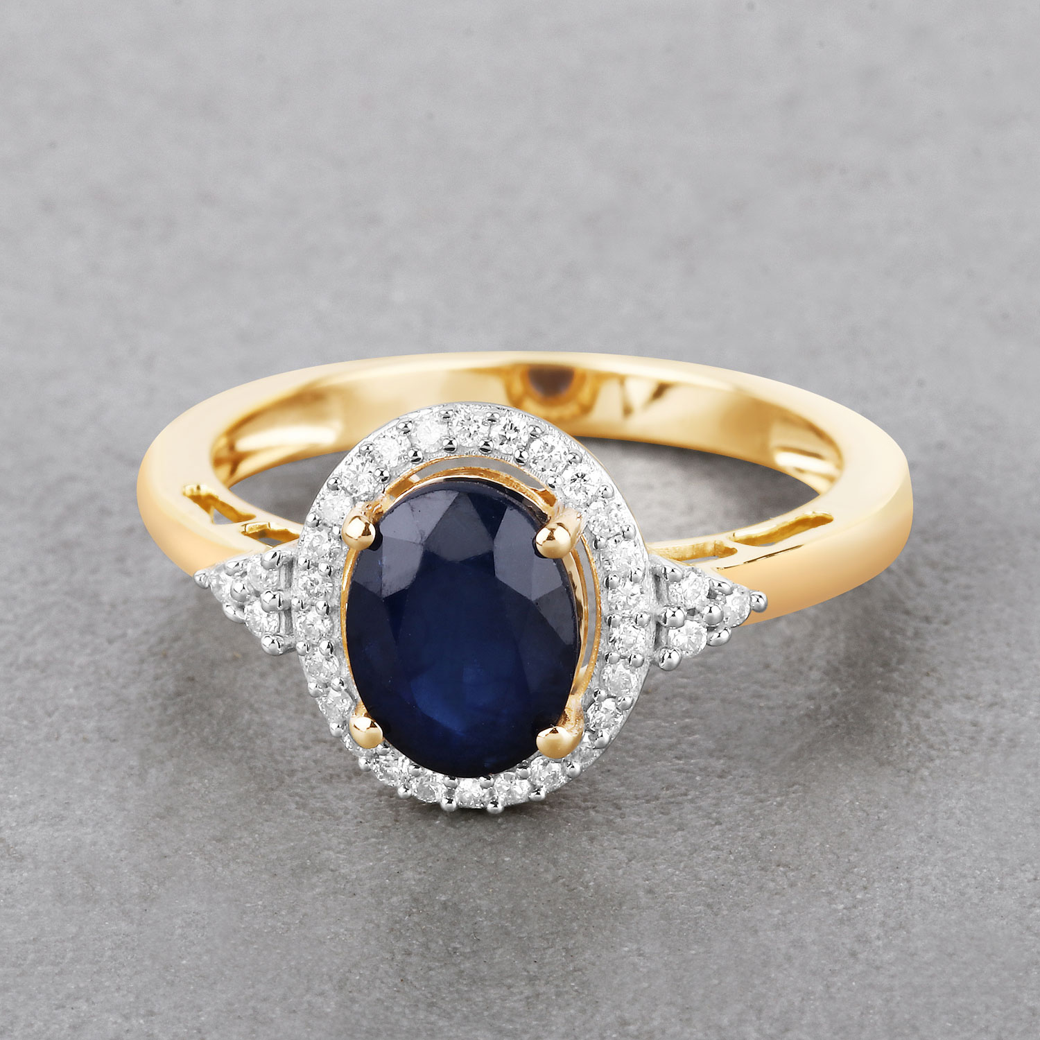 1.70 Carat Genuine Blue Sapphire and White Diamond 14K Yellow Gold Ring