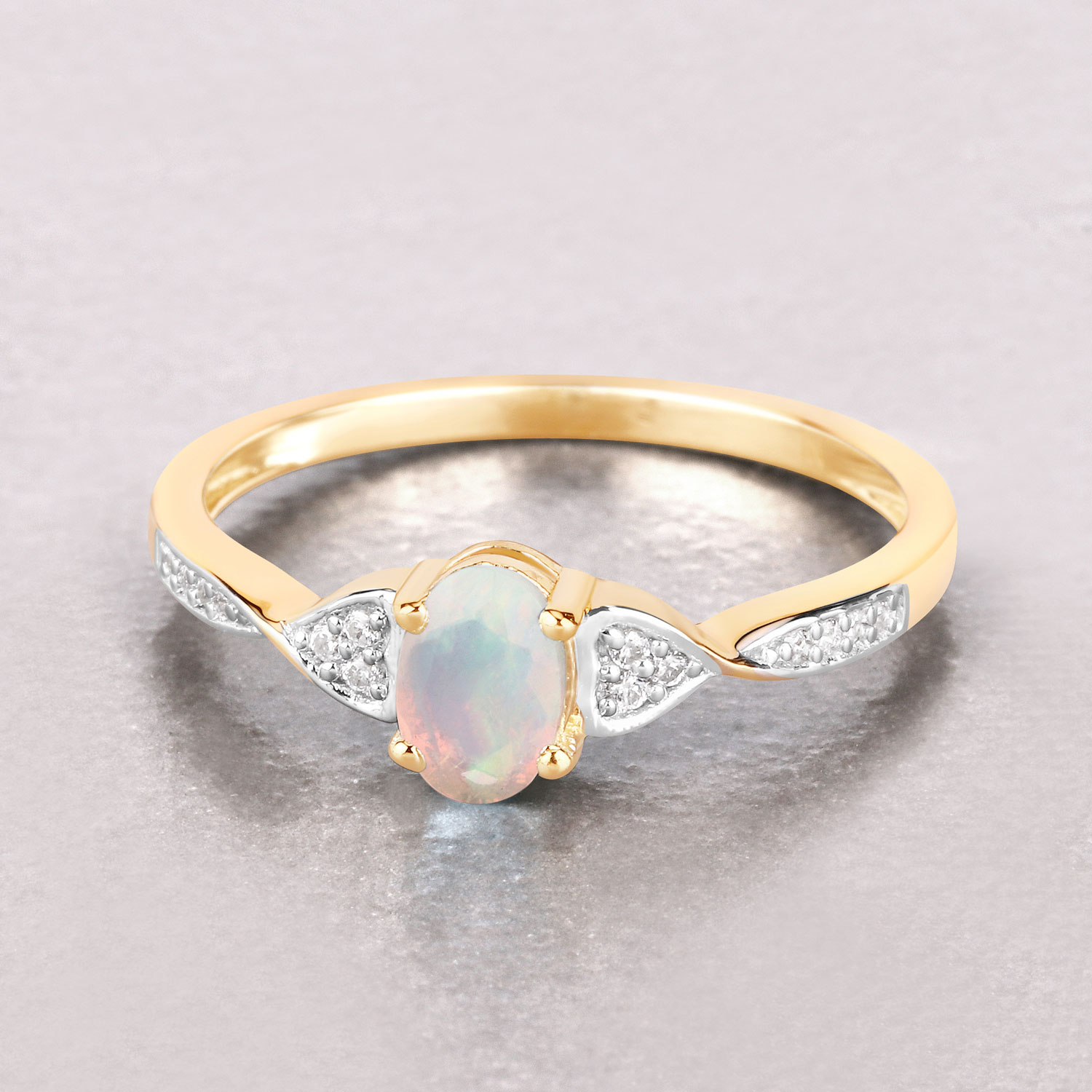 0.29 Carat Genuine Ethiopian Opal and White Diamond 10K Yellow Gold Ring