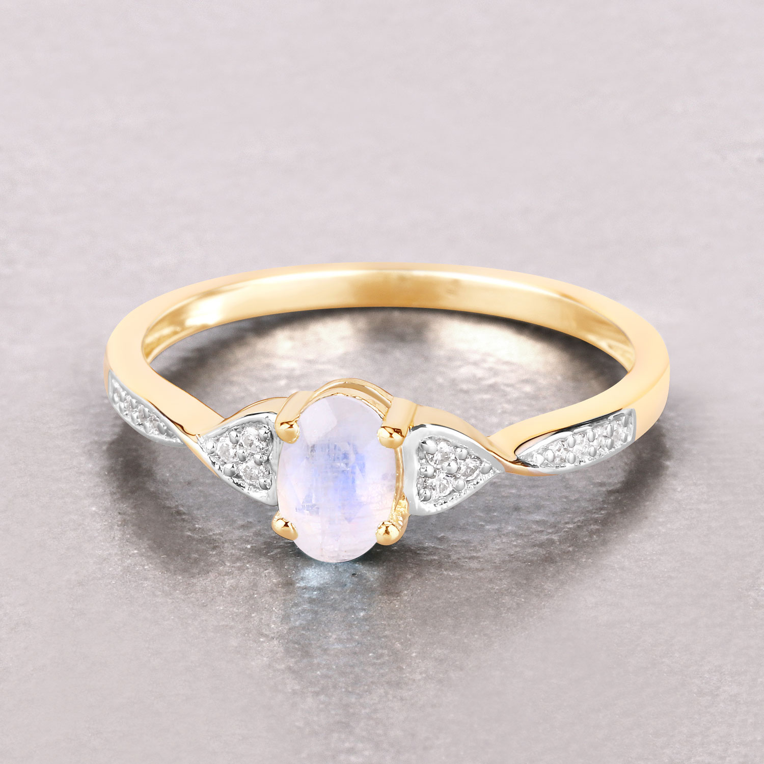 0.47 Carat Genuine White Rainbow Moonstone and White Diamond 10K Yellow Gold Ring
