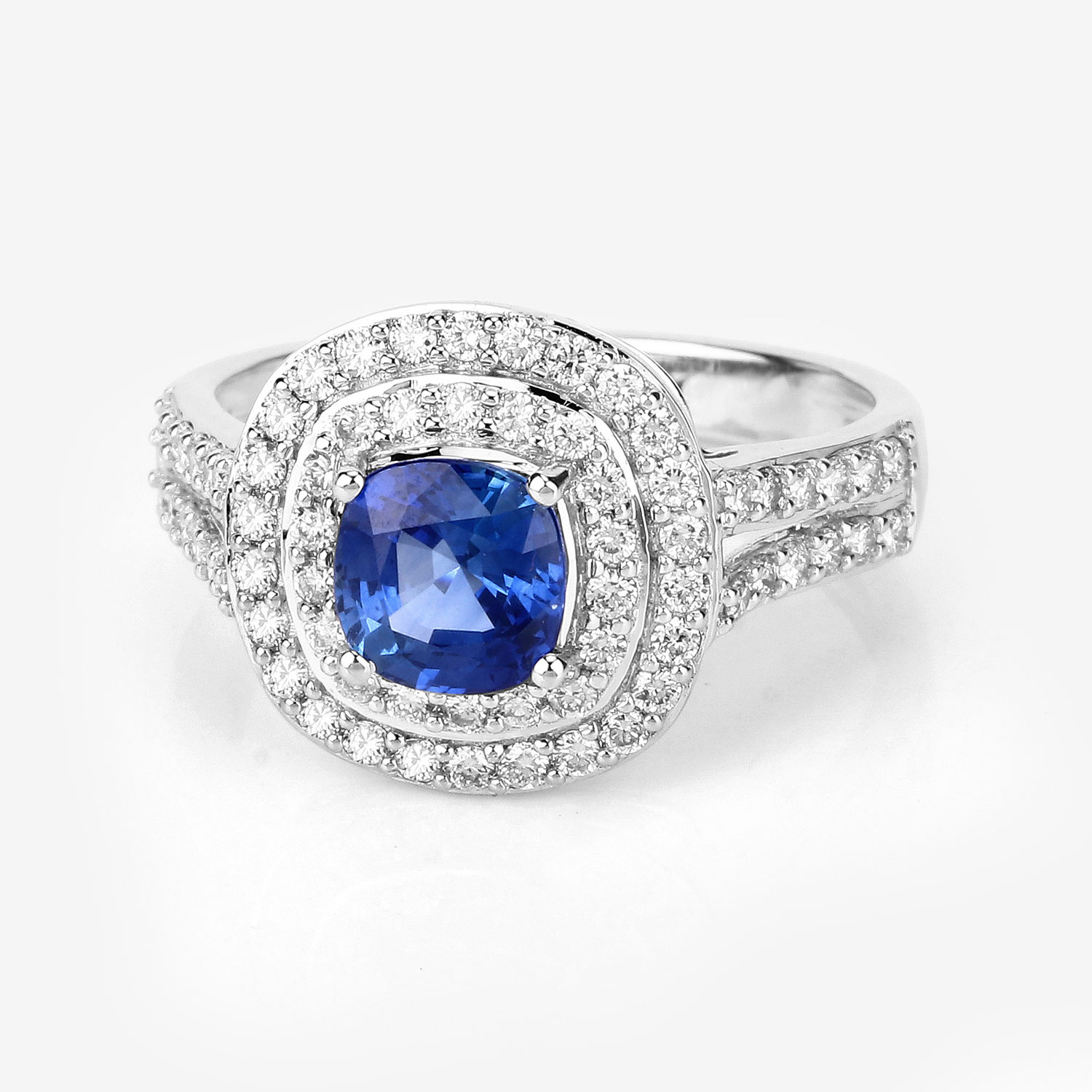 1.96 Carat Genuine Blue Sapphire and White Diamond 18K White Gold Ring