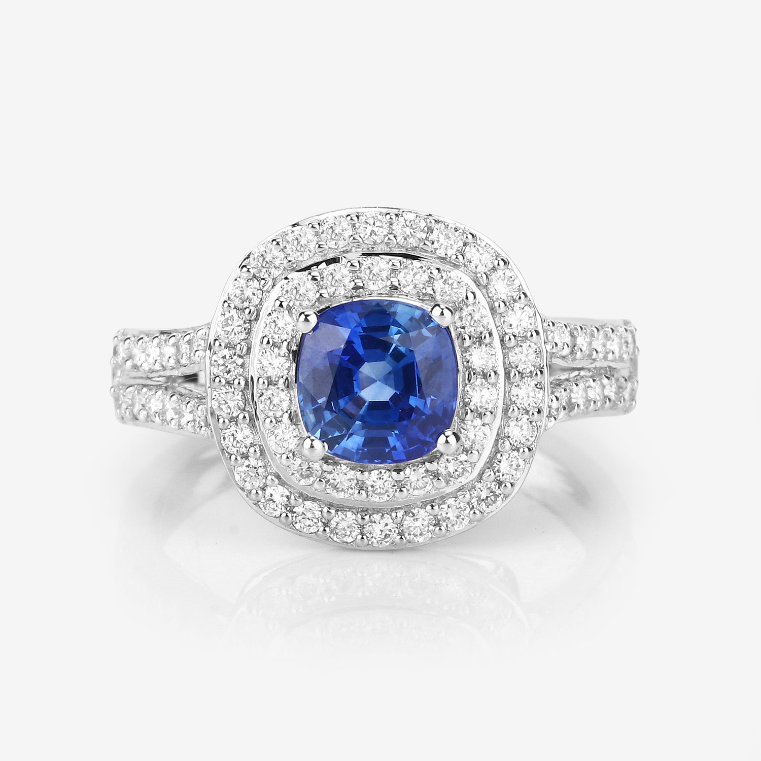 1.96 Carat Genuine Blue Sapphire and White Diamond 18K White Gold Ring