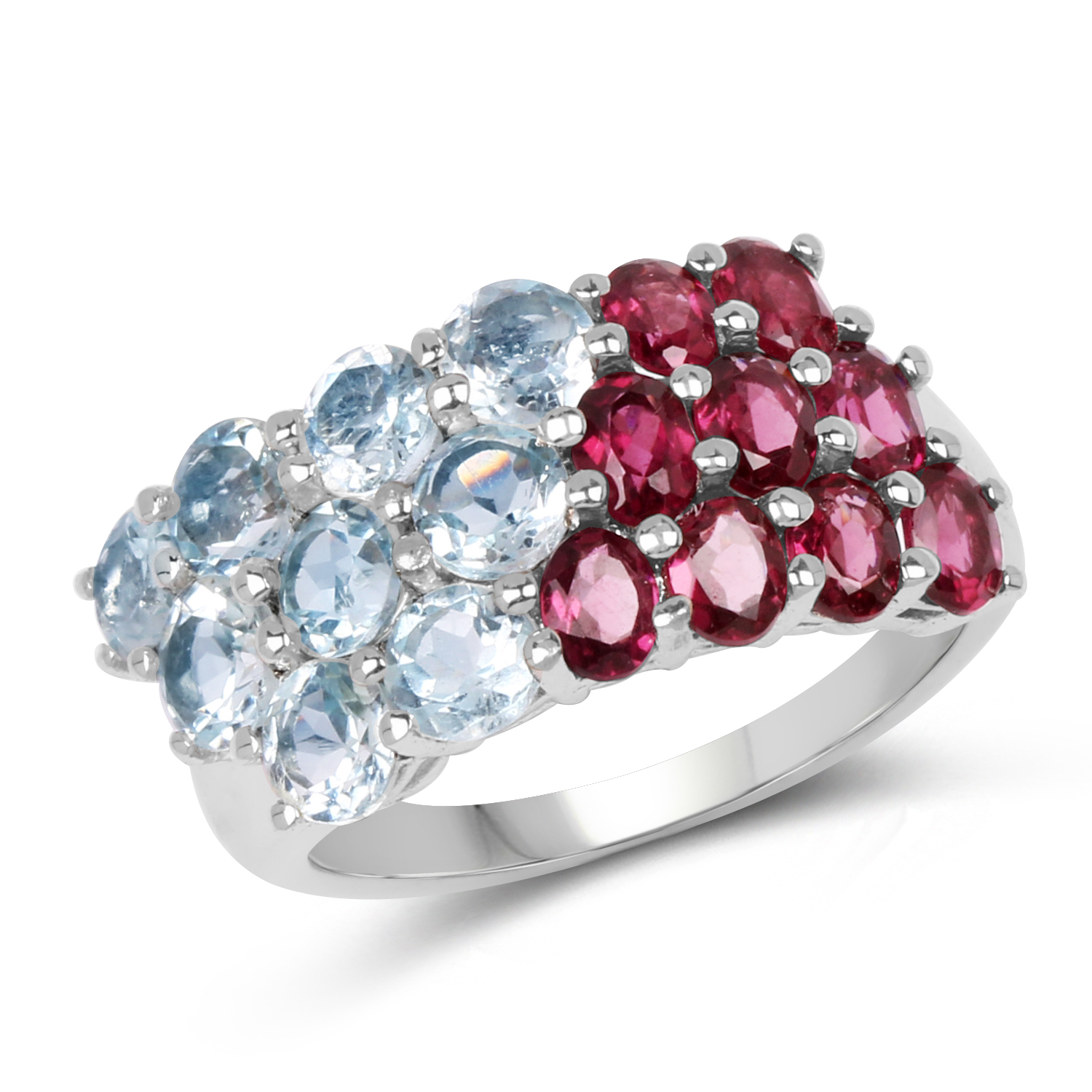 5.13 Carat Genuine Rhodolite and Blue Topaz .925 Sterling Silver Ring
