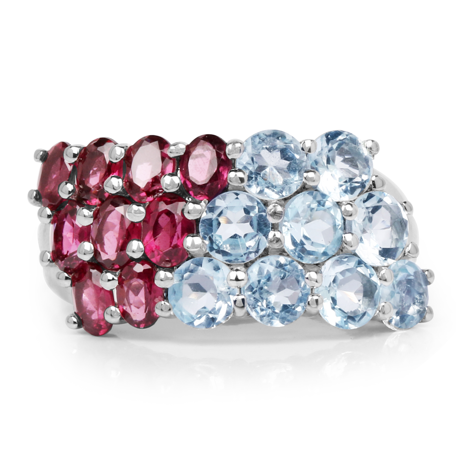 5.13 Carat Genuine Rhodolite and Blue Topaz .925 Sterling Silver Ring