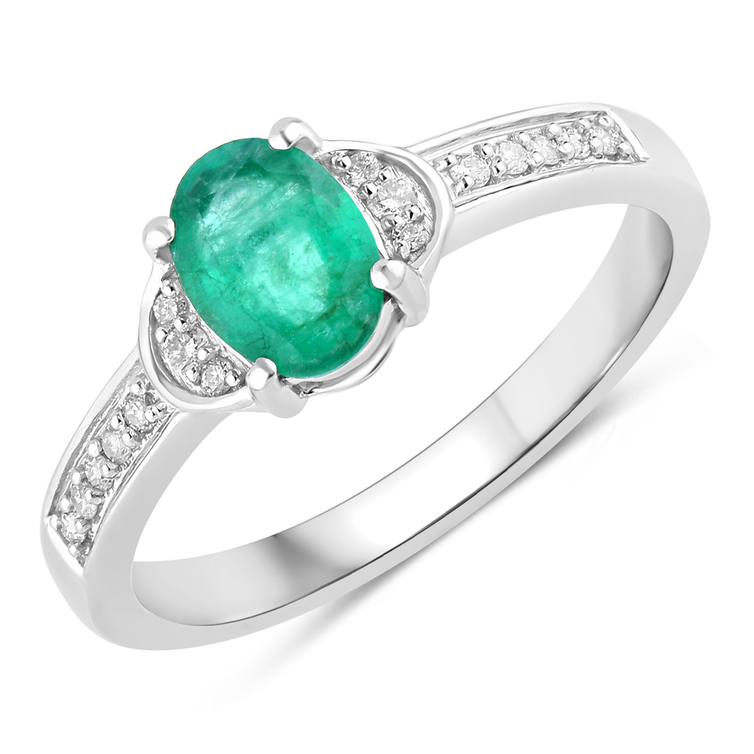 0.82 Carat Genuine Zambian Emerald and White Diamond 14K White Gold Ring