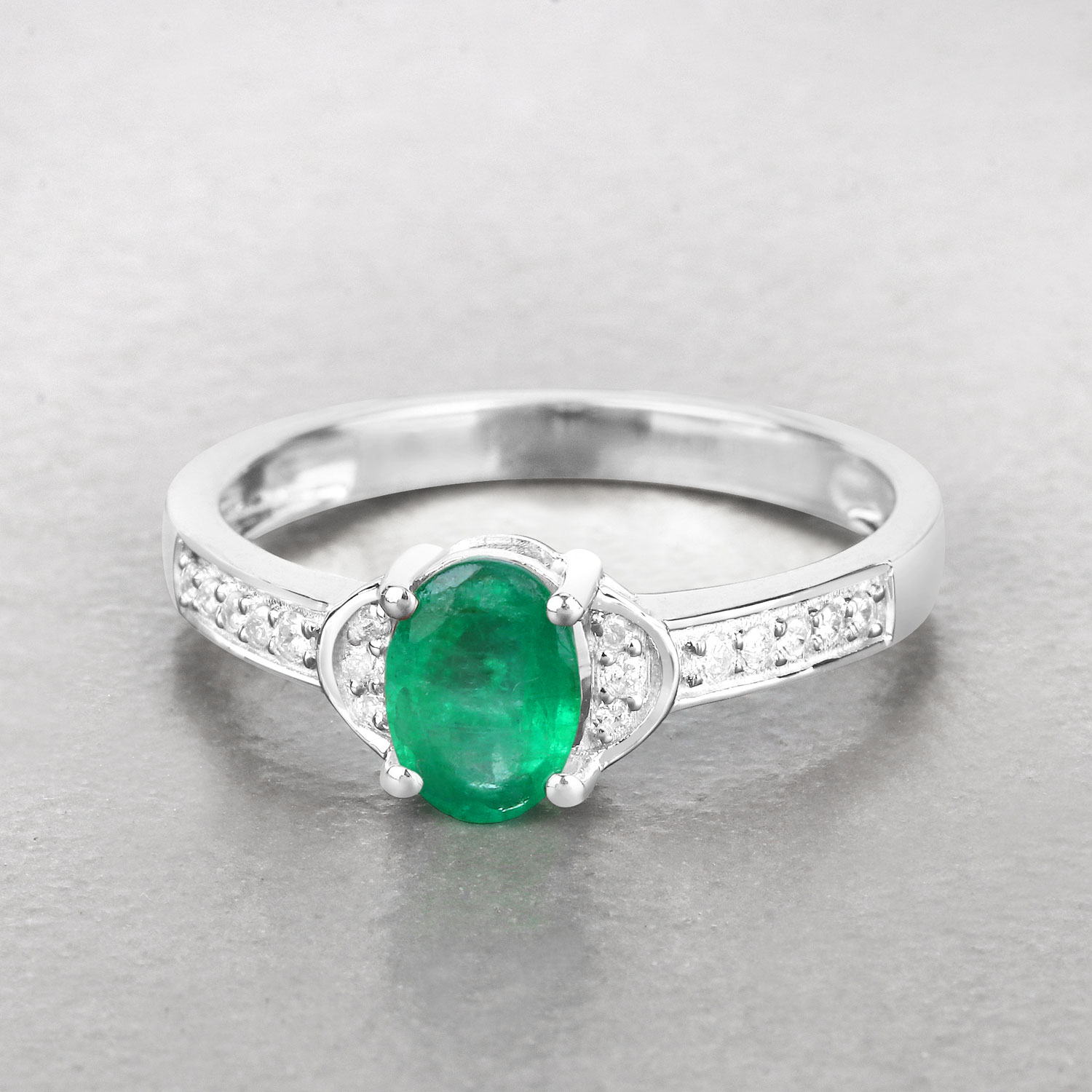 0.82 Carat Genuine Zambian Emerald and White Diamond 14K White Gold Ring