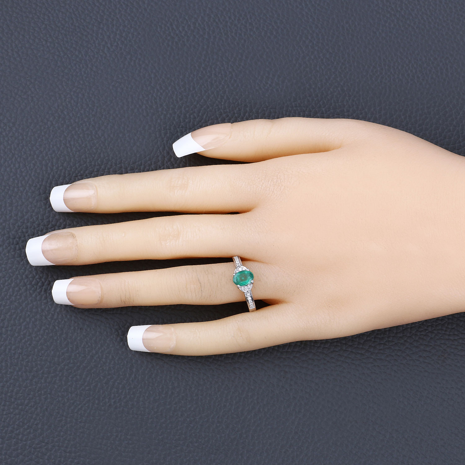 0.82 Carat Genuine Zambian Emerald and White Diamond 14K White Gold Ring