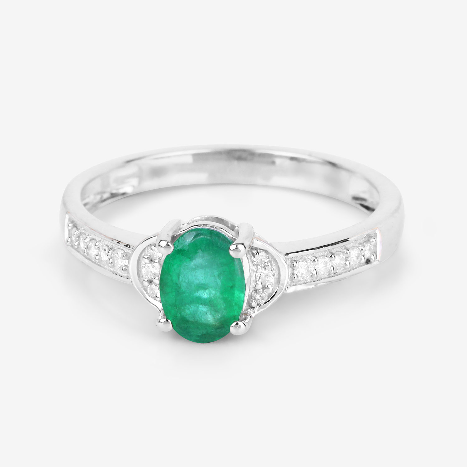 0.82 Carat Genuine Zambian Emerald and White Diamond 14K White Gold Ring