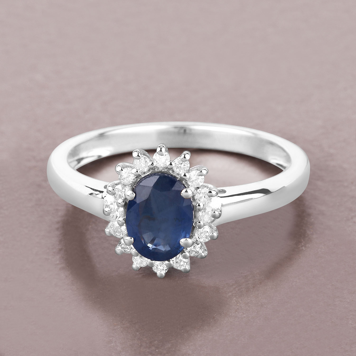 1.11 Carat Genuine Blue Sapphire and White Diamond 10K White Gold Ring
