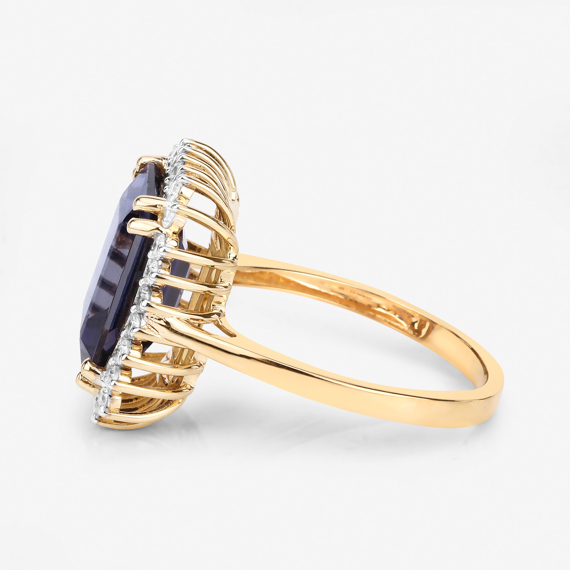 4.59 Carat Genuine Iolite and White Diamond 14K Yellow Gold Ring