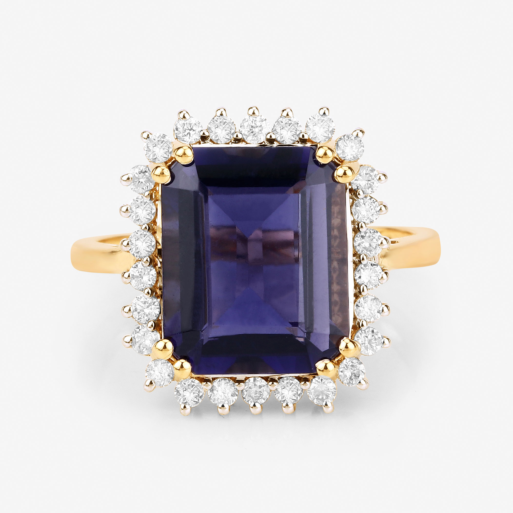 4.59 Carat Genuine Iolite and White Diamond 14K Yellow Gold Ring