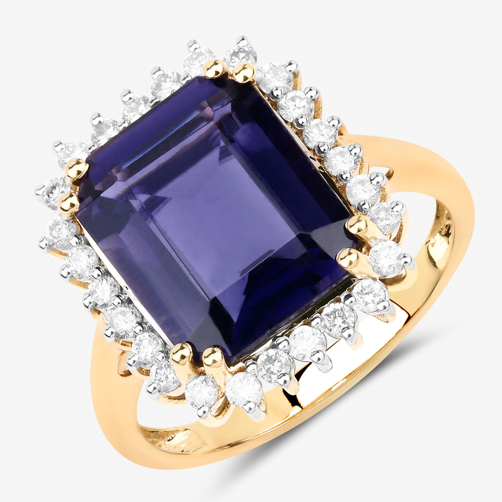 4.59 Carat Genuine Iolite and White Diamond 14K Yellow Gold Ring