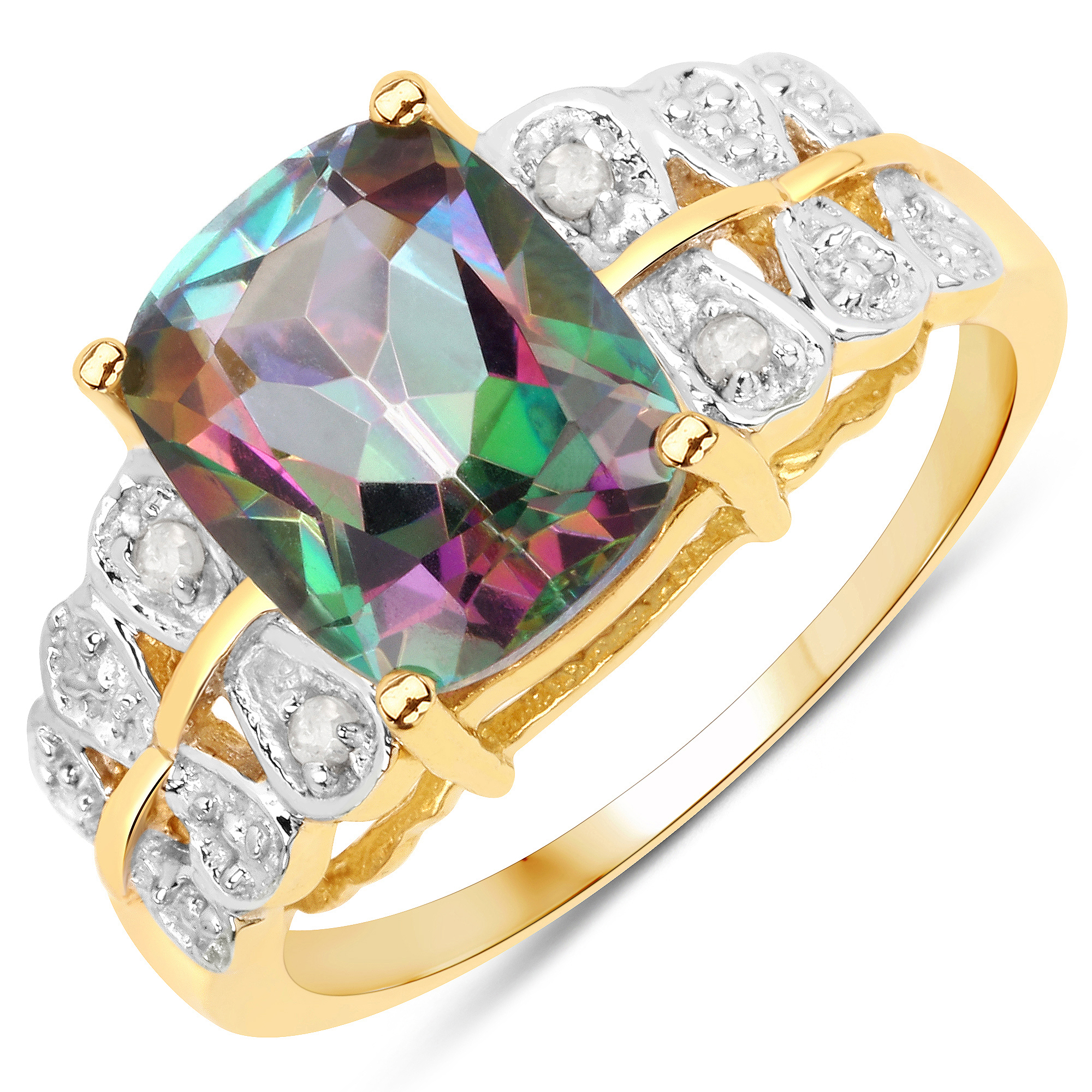 14K Yellow Gold Plated 3.42 Carat Genuine Mystic Quartz and White Diamond .925 Sterling Silver Ring