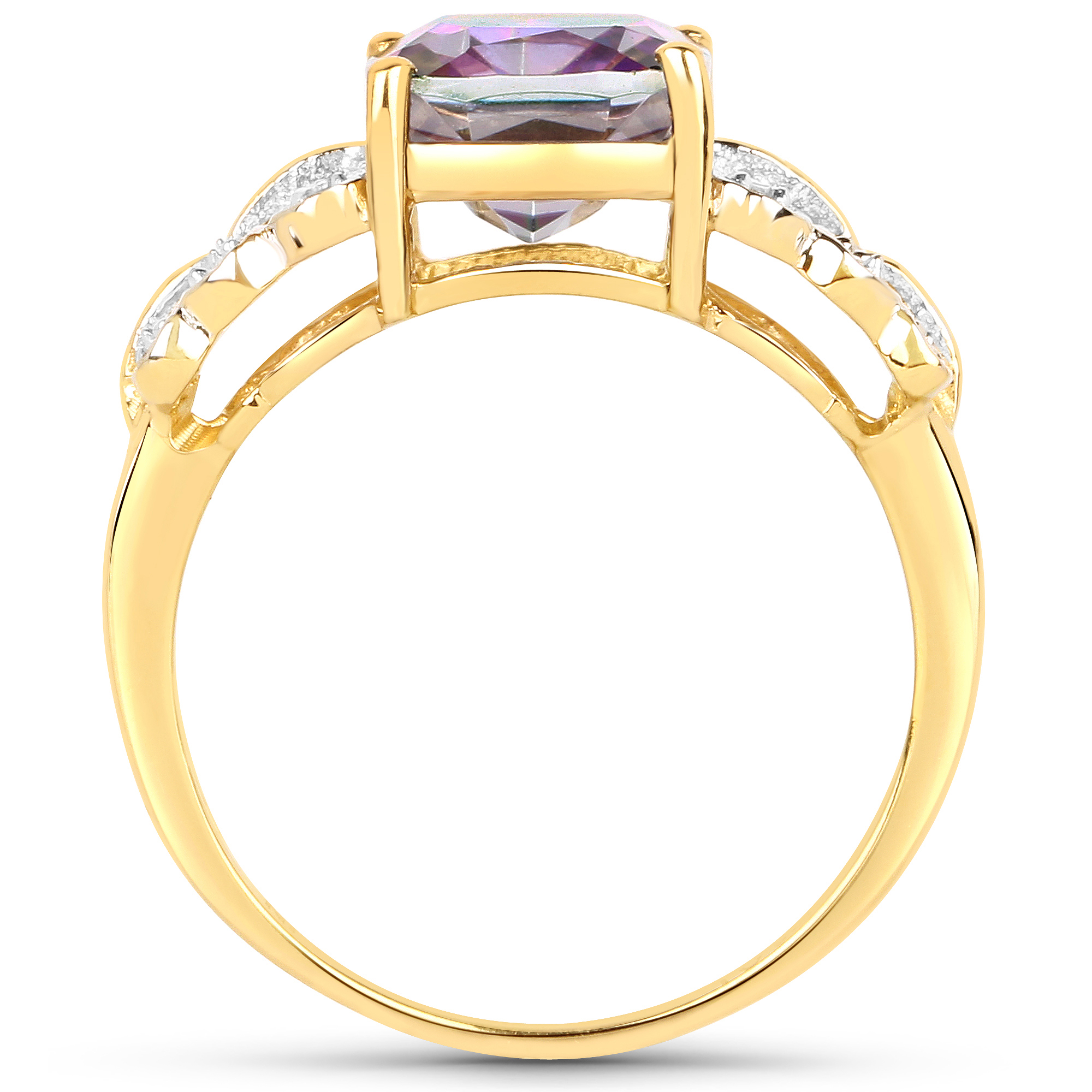14K Yellow Gold Plated 3.42 Carat Genuine Mystic Quartz and White Diamond .925 Sterling Silver Ring